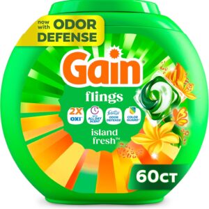 Gain Flings Liquid Washing Detergent Pacs with Odor Defense + Color Guard, Island Fresh Scent, 4-In-1 Liquid Laundry Detergent Pods, Clean & Fresh, 60 Count (Packaging May Vary)