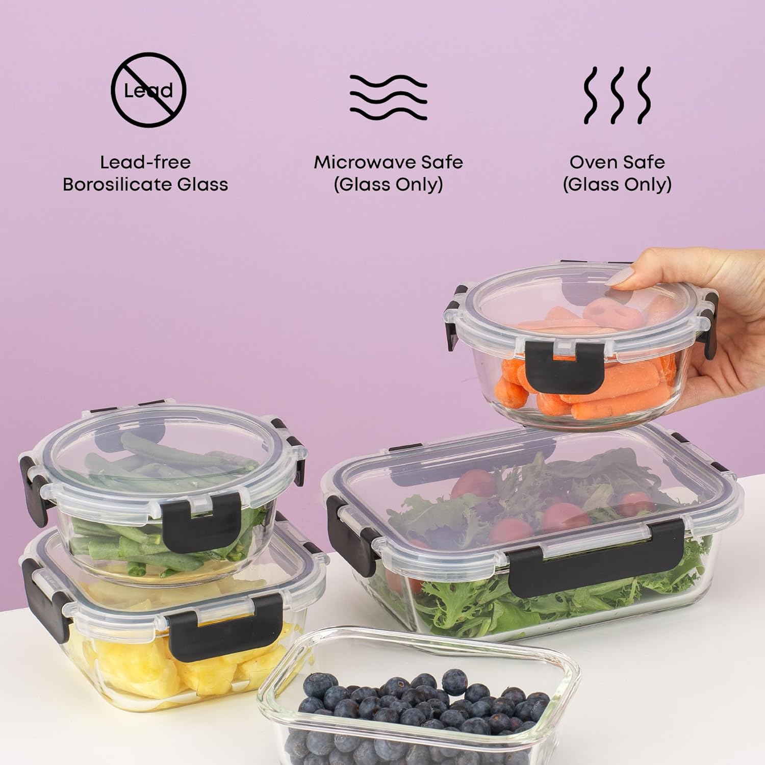 JoyJolt 24pc Borosilicate Glass Storage Containers with Lids | 12 Airtight/Freezer Safe Food Storage Containers for Pantry and Kitchen | Meal Prep Container for Lunch | Glass Tupperware Set - Image 6