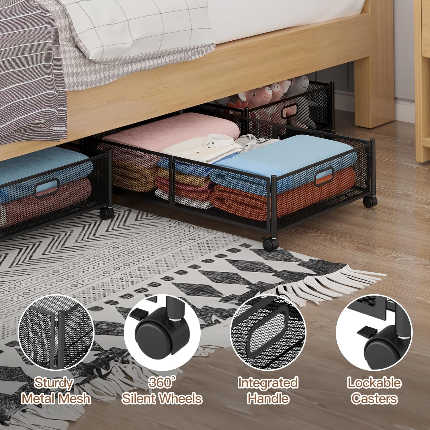 Gawerk Under Bed Storage with Wheels, Foldable Metal Mesh Underbed Storage Container Bins, Tool-free Assembly Clothes Drawer Organizer, 2Pack - Image 4