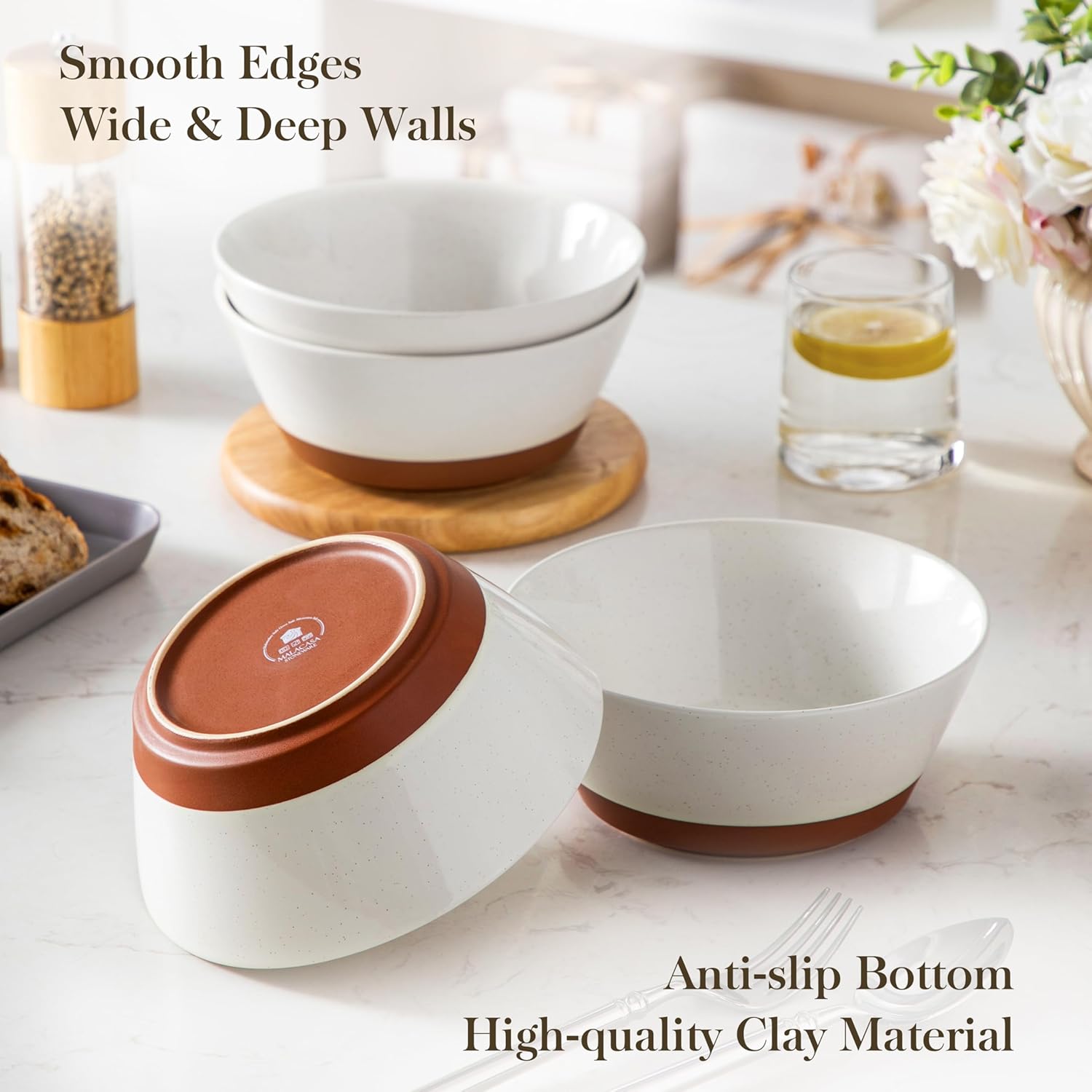 MALACASA Soup Bowls, Ceramic Salad Bowls Set of 4, 36oz Ceramic Bowls for Ramen, Cereal, Fruit and Pho, Microwave & Dishwasher Safe, Speckled Deep Bowls, Vanilla White & Brown - Image 7