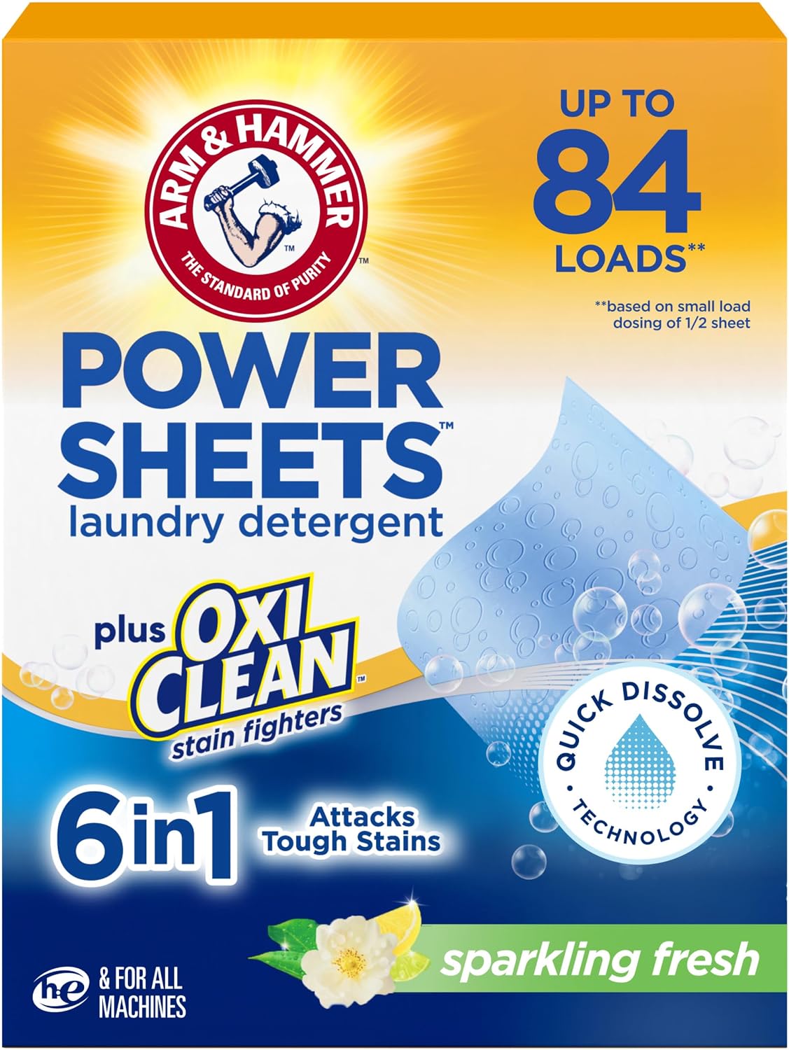 ARM & HAMMER Power Sheets Laundry Detergent Plus OxiClean Stain Fighters, 6in1, Sparkling Fresh Scent, 42 Count, 84 Medium Loads - Image 2