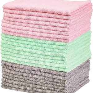 Amazon Basics Microfiber Cleaning Cloths, Ultra-Soft and Highly Absorbent, Streak-Free, Lint-Free, Scratch-Free, Washable, for Car Detailing and Glass Cleaning, 16″ x 12″, Green/Gray/Pink, 24-Pack