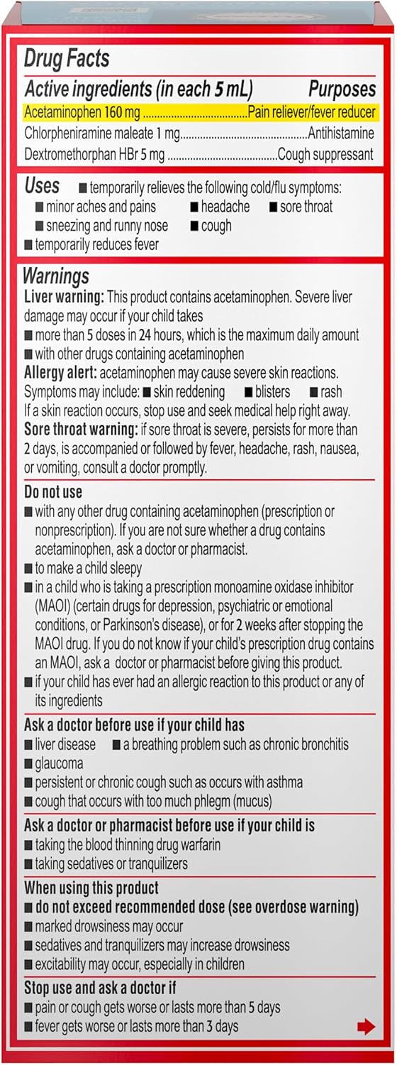 Children's Tylenol Cold + Cough + Runny Nose, Acetaminophen, Pain & Fever Relief, Chlorpheniramine Maleate, Antihistamine, Dextromethorphan HBr, Cough Suppressant; Grape liquid, 4 fl. oz.; Pack of 1 - Image 8