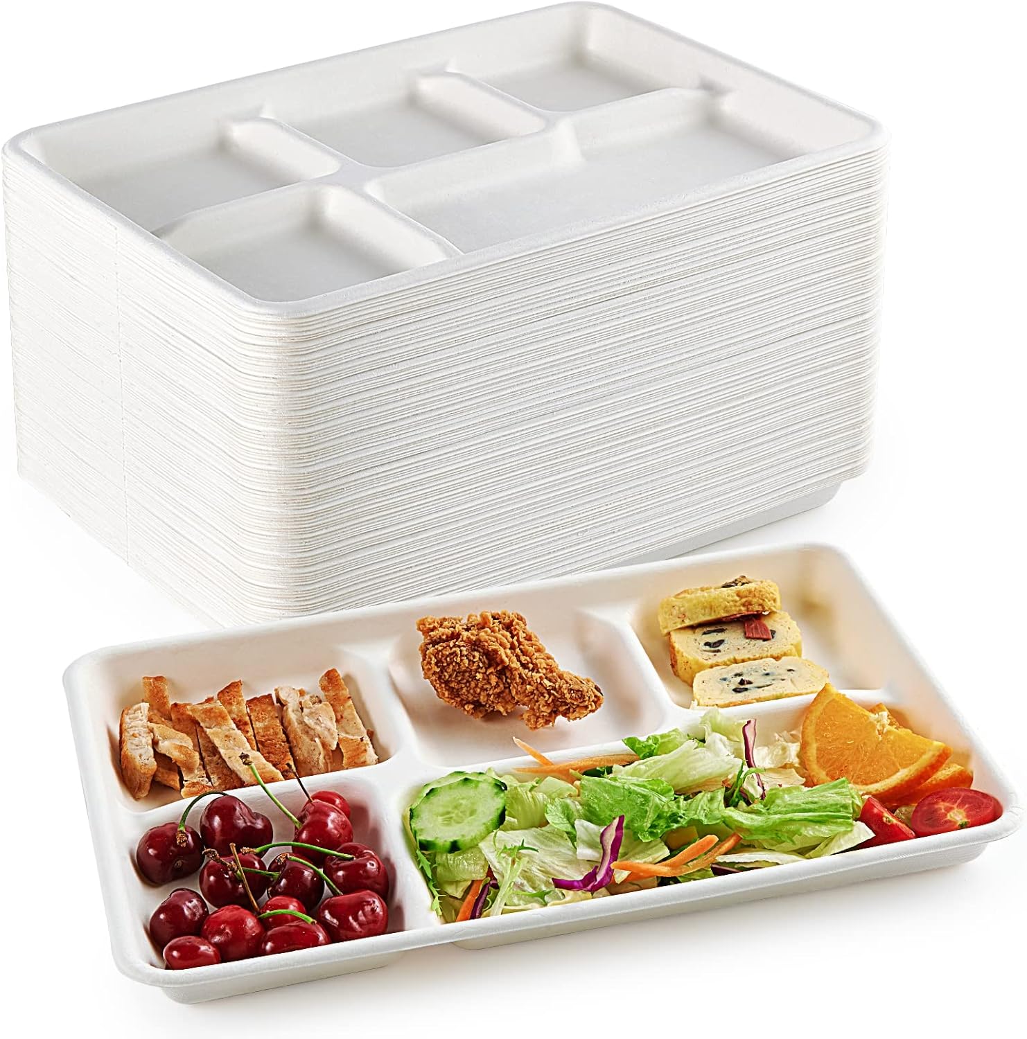 ECOLipak Compostable Disposable 5 Compartment Paper Plates, 12.5inch | Disposable 5 Compartment Paper Plates, Biodegradable Sugarcane Plates, Eco-Friendly School Lunch Trays - Image 2