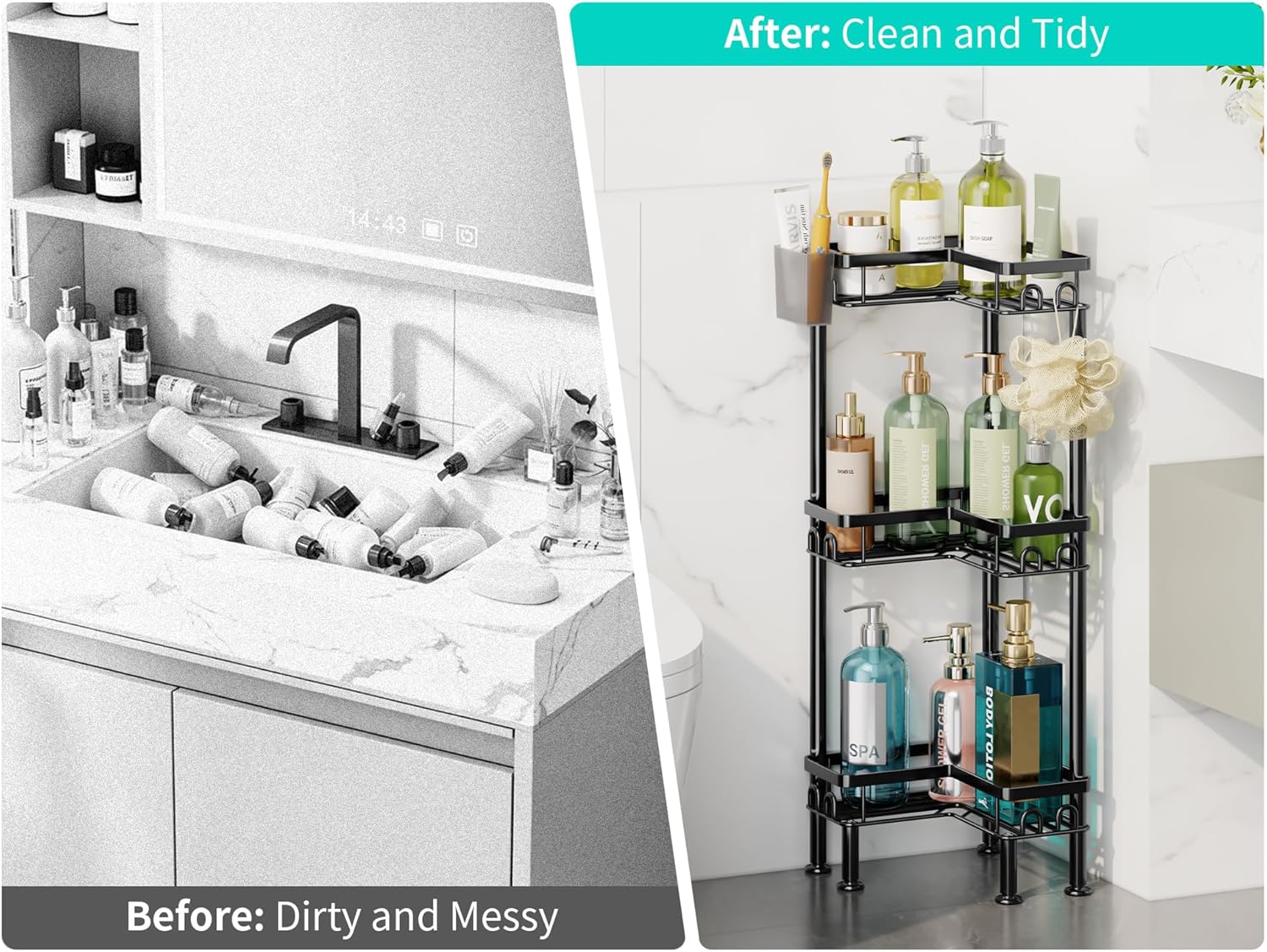 HapiRm Standing Shower Caddy Corner - 3 Tier Corner Shower Organizer with Toothbrush Holder and 12 Hooks, Large Capacity Rustproof Bathroom Shelves for Tall Bottles, Black - Image 8