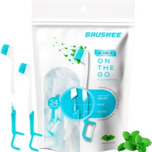 Brushee – The Evolution of Oral Care | 4-in-1 Tool (Paste + Brush + Floss + Pick) | Individually Wrapped | Disposable | Prepasted Travel Toothbrushes | Small Adult Toothbrush – (24-Pack)