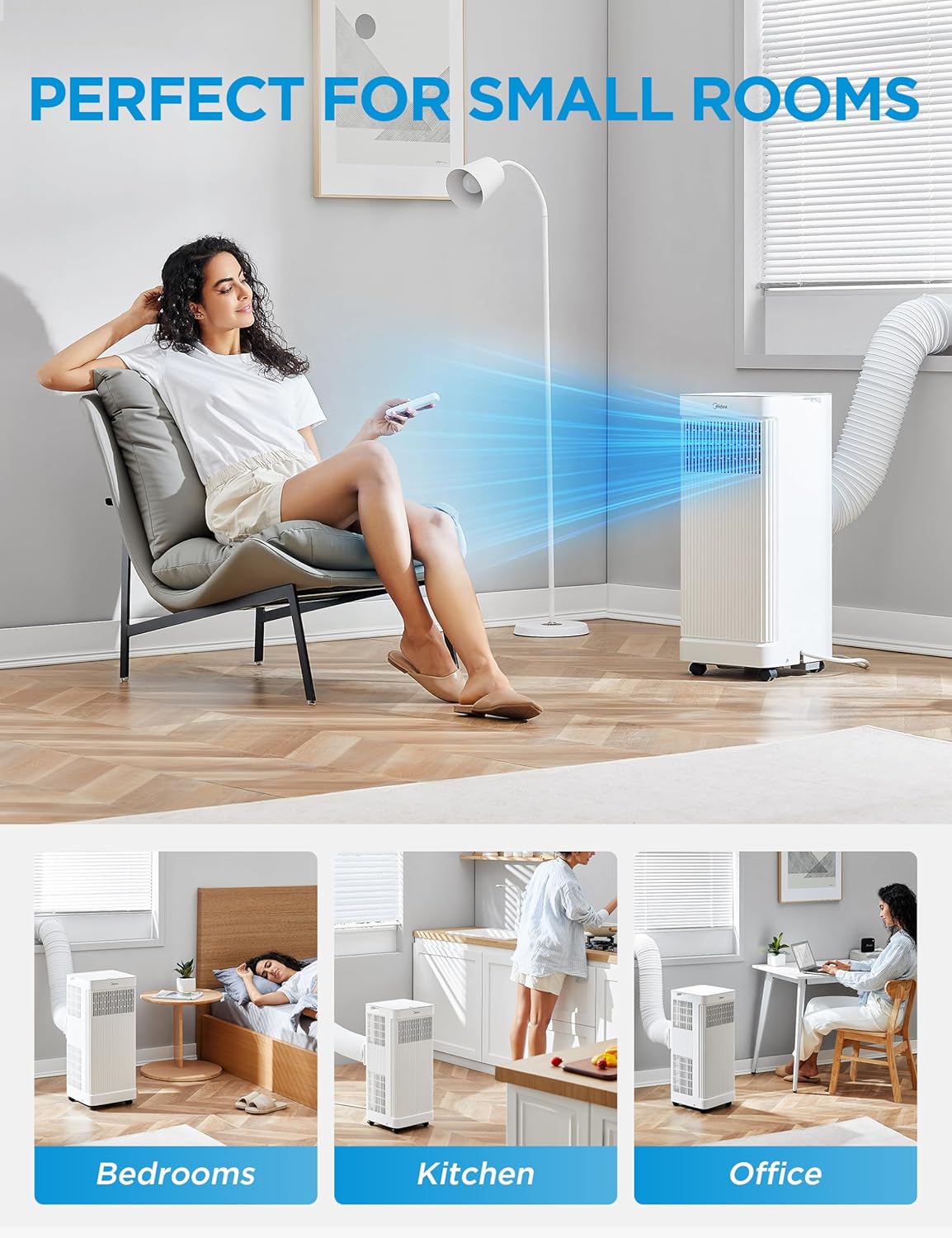Midea 9,000 BTU ASHRAE (6,000 BTU DOE/SACC) Portable Air Conditioner, Smart Control, Cools up to 250 Sq. Ft., with Dehumidifier & Fan mode, Remote Control & Window Installation Kit Included - Image 4