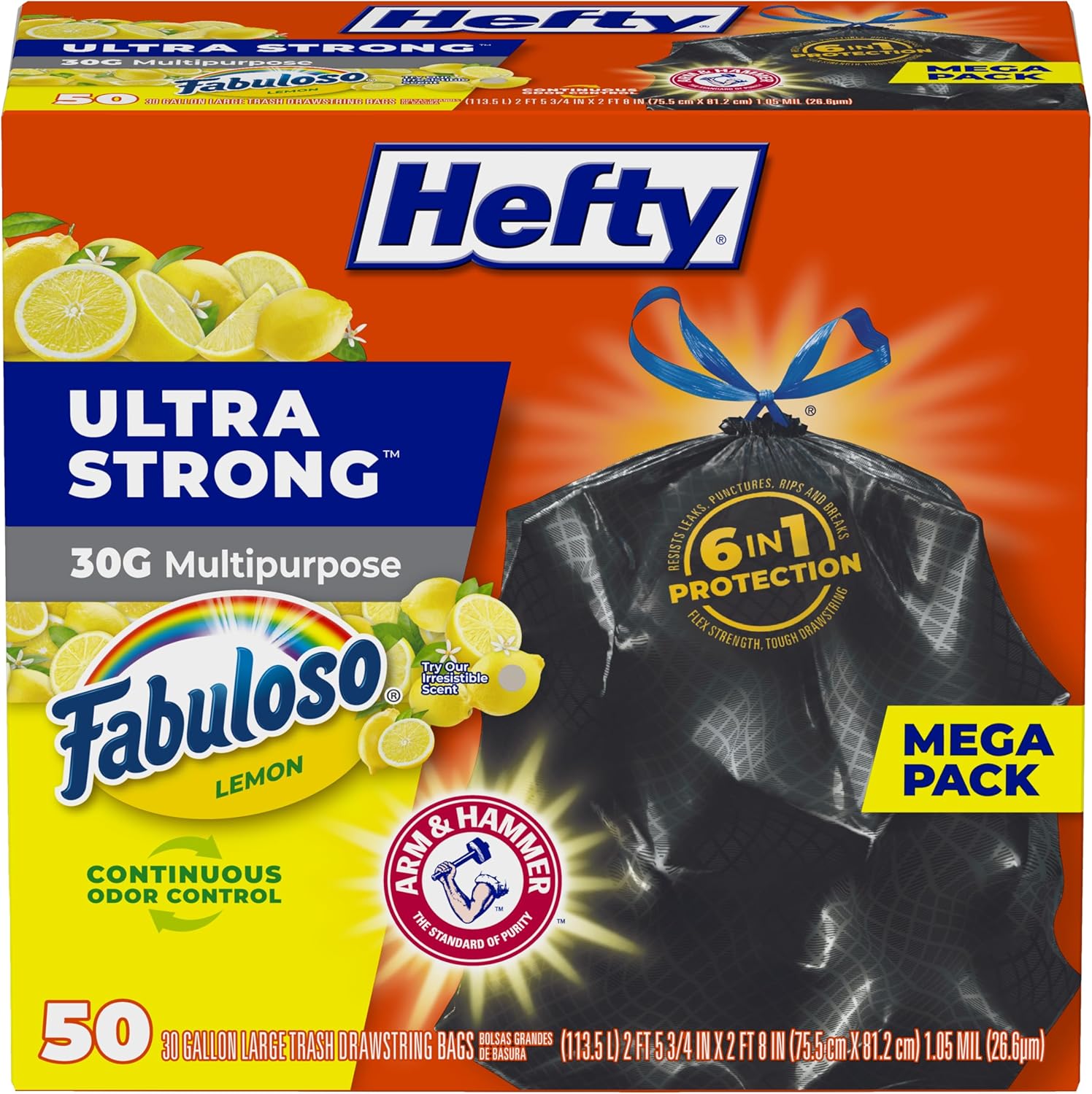 Hefty Ultra Strong 30 Gallon Trash Bags, Large Trash Bags 30 Gallon Size, Multipurpose, Break Resistant Drawstring Closure, Resists Leaks, Punctures, and Tears, Black, Fabuloso Lemon Scent, 50 Bags - Image 2