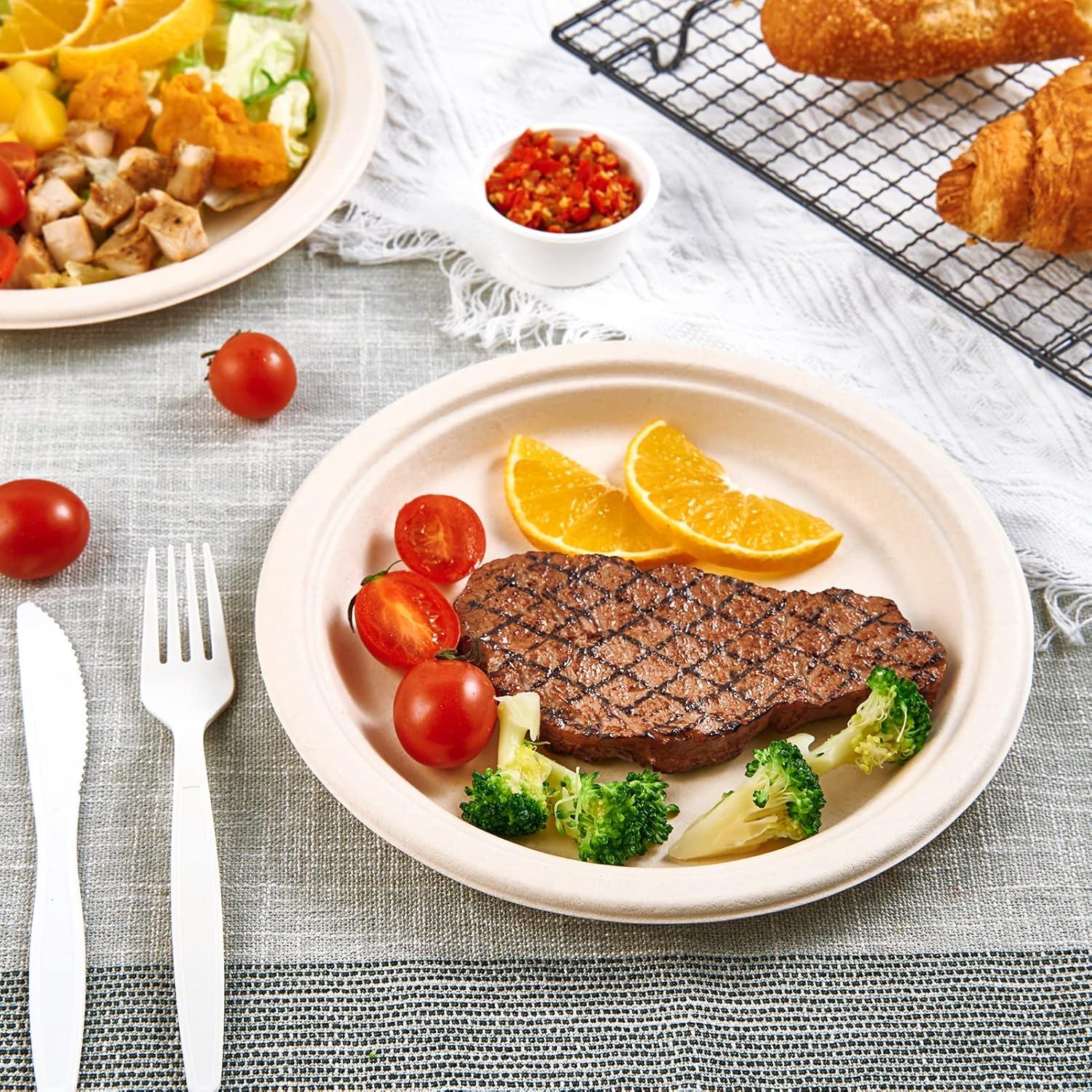 Vplus 150 Pack Paper Plates 9 inch 100% Compostable, Heavy-Duty Disposable Paper Plates Bagasse Natural Biodegradable Eco-Friendly Sugarcane - Image 5