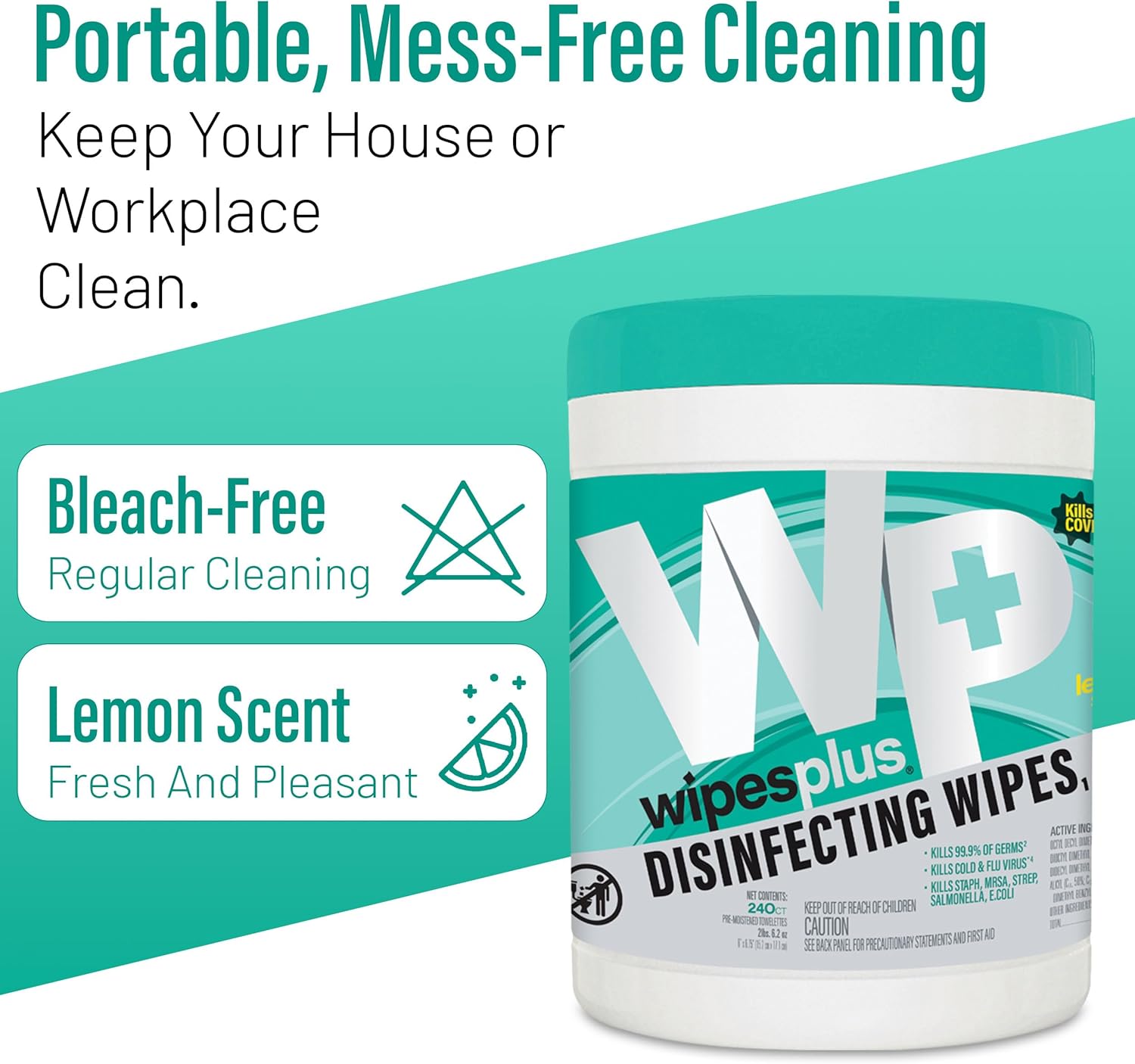 WIPESPLUS Disinfecting Surface Wipes Canister Bleach Free with Lemon Scent for Home and Business, 240 Count - Image 3