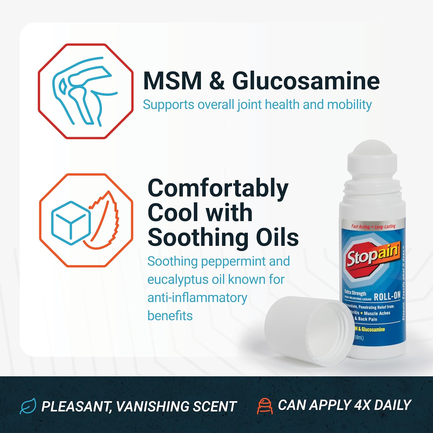 Stopain Pain Relief Roll On Gel 3oz (2 Pack) USA Made, Max Strength Fast Acting with MSM, Glucosamine, Menthol for Arthritis, Lower Back, Knee, Neck, HSA FSA Approved Topical Analgesic Products - Image 6