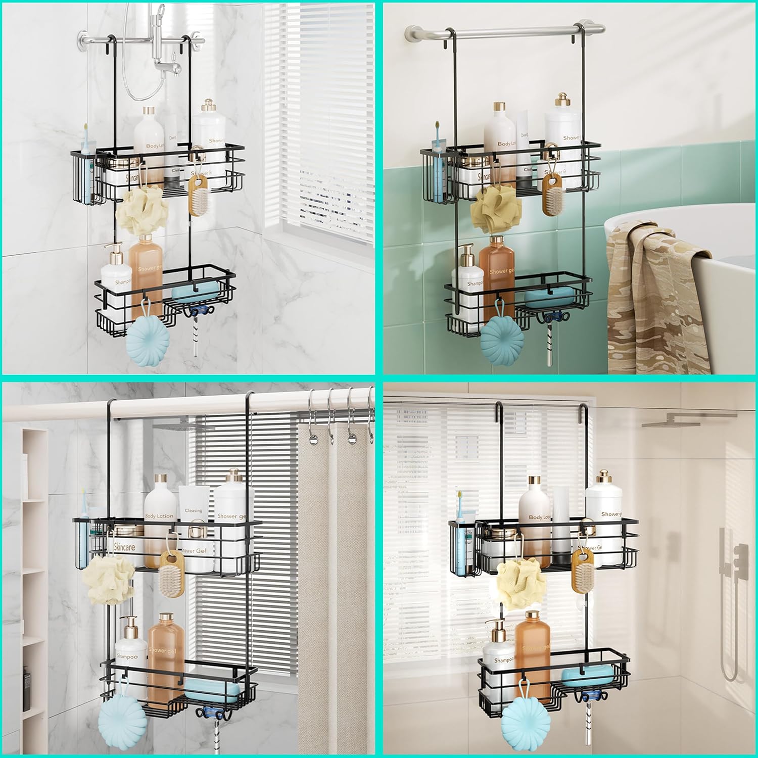 HapiRm Hanging Shower Caddy Organizer - No Drilling Shower Shelves with Hooks and Toothbrush Holder, Rustproof 304 Stainless Steel Bathroom Organizer - Black - Image 5
