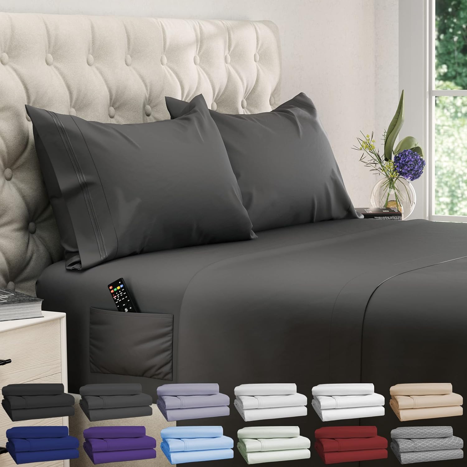 DREAMCARE King Size Sheets Set - 4 pcs Breathable Cooling Sheets - up to 21" Extra Deep Pocket King Sheet Set with Side Pockets - Extra Soft 100% Brushed Hypoallergenic Hotel Luxury Bedding - Gray