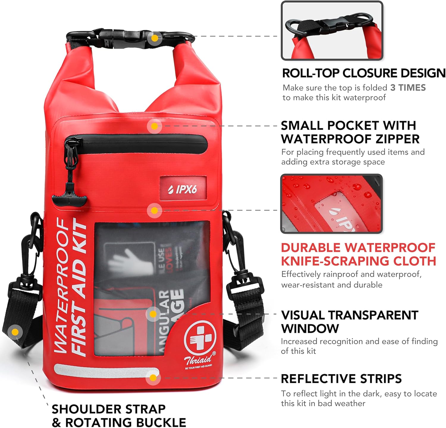 250 PCS Waterproof First Aid Kit, Roll Top Reflective Boat Dry Bag Bug Out Bags, Emergency Medical Kit Ideal for Boating, Camping, Fishing, Kayaking, Floating, Red - Image 3