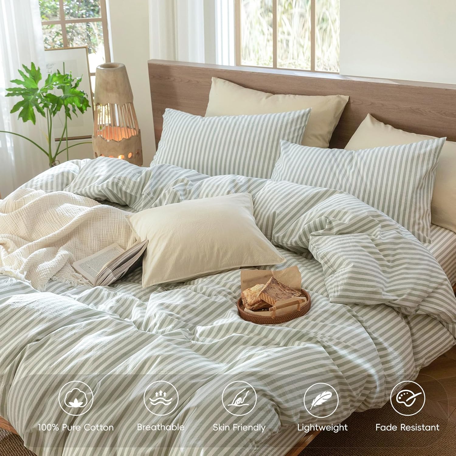 MooMee Striped Duvet Cover Set 100% Washed Cotton Linen Like Textured Breathable Durable Soft Comfy (Sage Green White Classic Stripes, Queen 90"x90") - Image 5