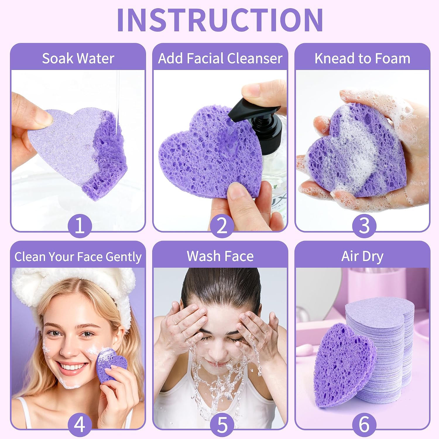 100-Count Compressed Facial Sponges, Heart Shape Face Sponge for Cleansing, Natural Cosmetic Spa Sponges for Facial Cleansing, Exfoliating Mask (Purple Heart Sponges) - Image 7