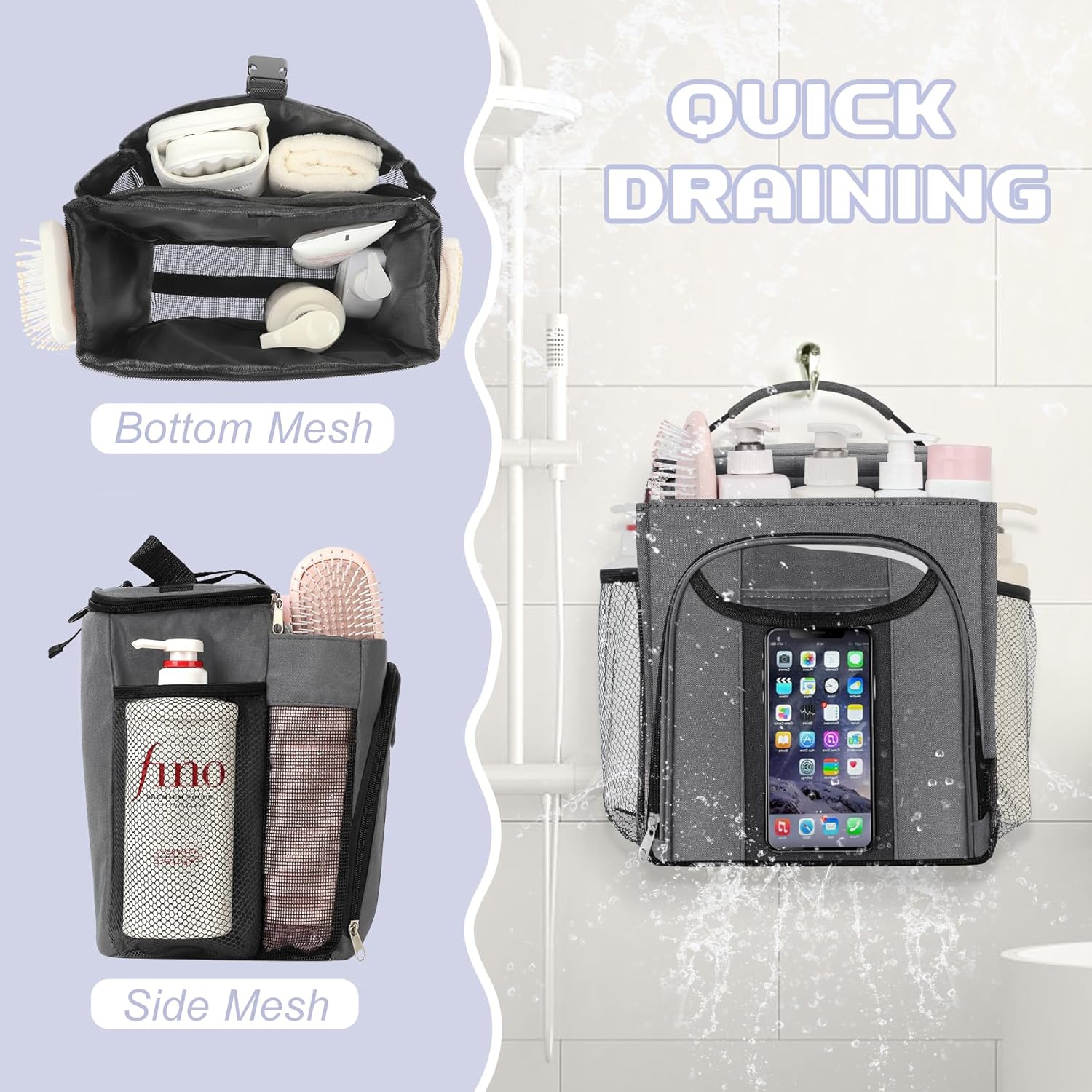 Attmu Shower Caddy Portable, Hanging Shower Bag for Dorm Room College, Large Capacity Quick Dry Mesh Tote Bag for Travel Camping Essentials (Gray) - Image 4