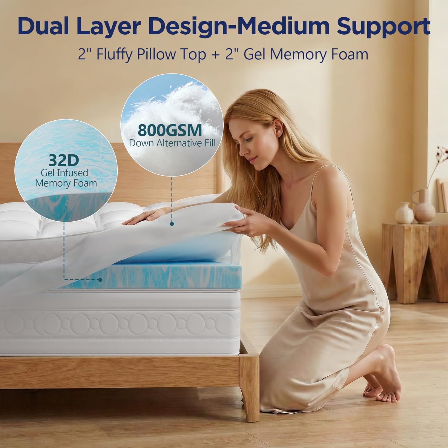 Dual Layer 4 Inch Memory Foam Mattress Topper Queen, 2 Inch Cooling Gel Memory Foam and 2 Inch Washable Pillow Top Mattress Pad Cover, 8-24 Inch Deep Pocket, Medium Firm for Back Hip Pain - Image 5