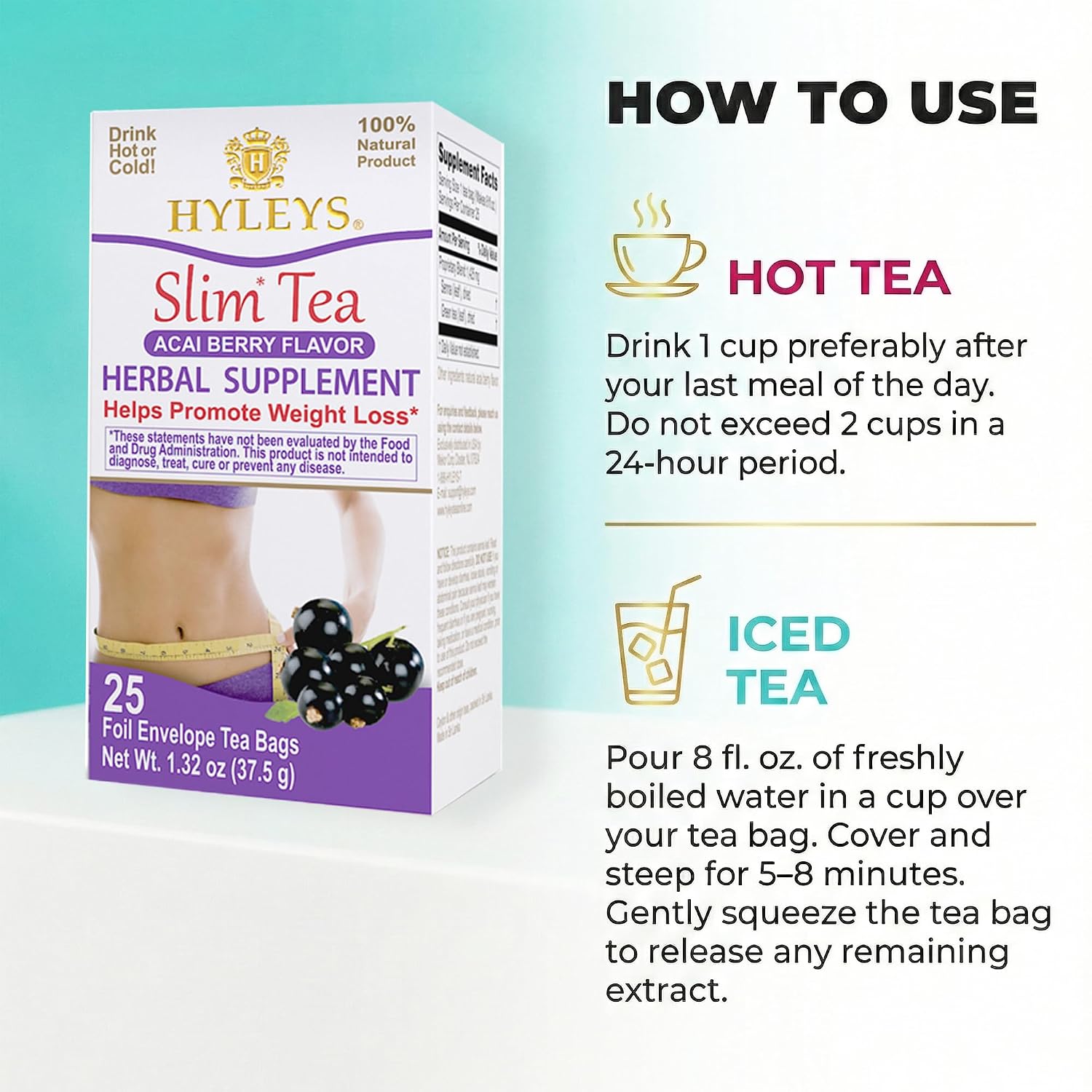 HYLEYS Slim Tea Acai Berry Flavor - Weight Loss Herbal Supplement Cleanse and Detox - 25 Tea Bags (1 Pack) - Image 8