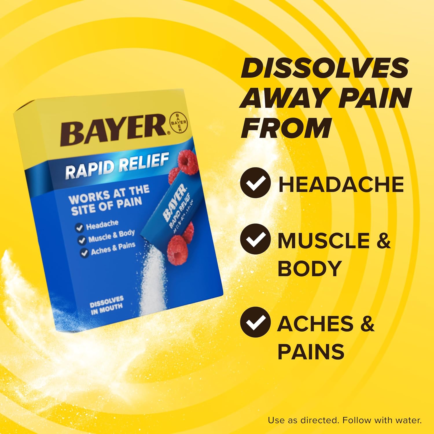 Bayer® Rapid Relief, Dissolvable Raspberry Flavor, Powder Packs with Aspirin & Caffeine, Fast Acting Headache Relief, Muscle and Body Pain Reliever, 20ct - Image 3