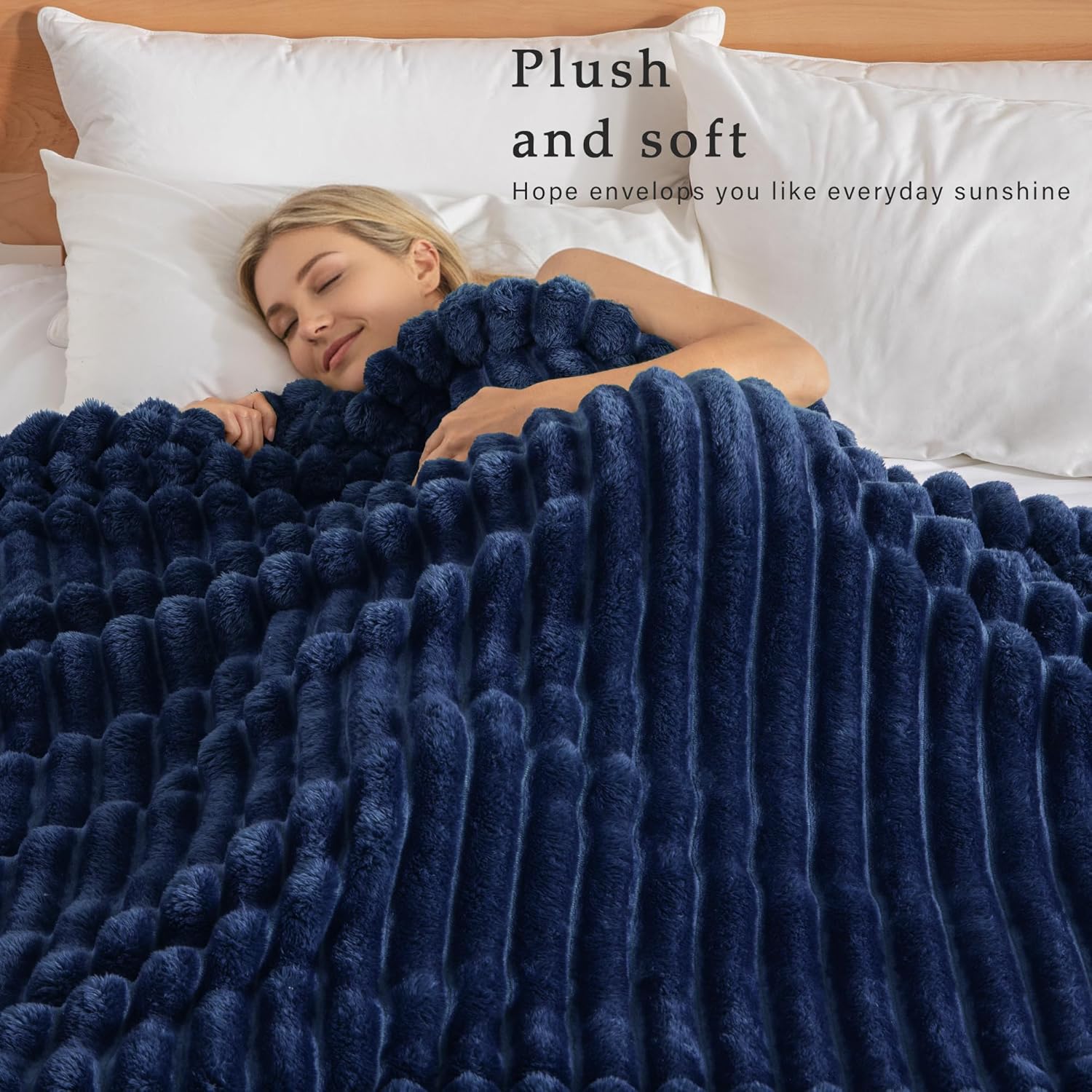 Exclusivo Mezcla Fleece Throw Blanket for Couch, Super Soft Striped Jacquard Bed Blanket, Lightweight Fuzzy Cozy for All Seasons, 50x60 Inches, Navy Blue - Image 2