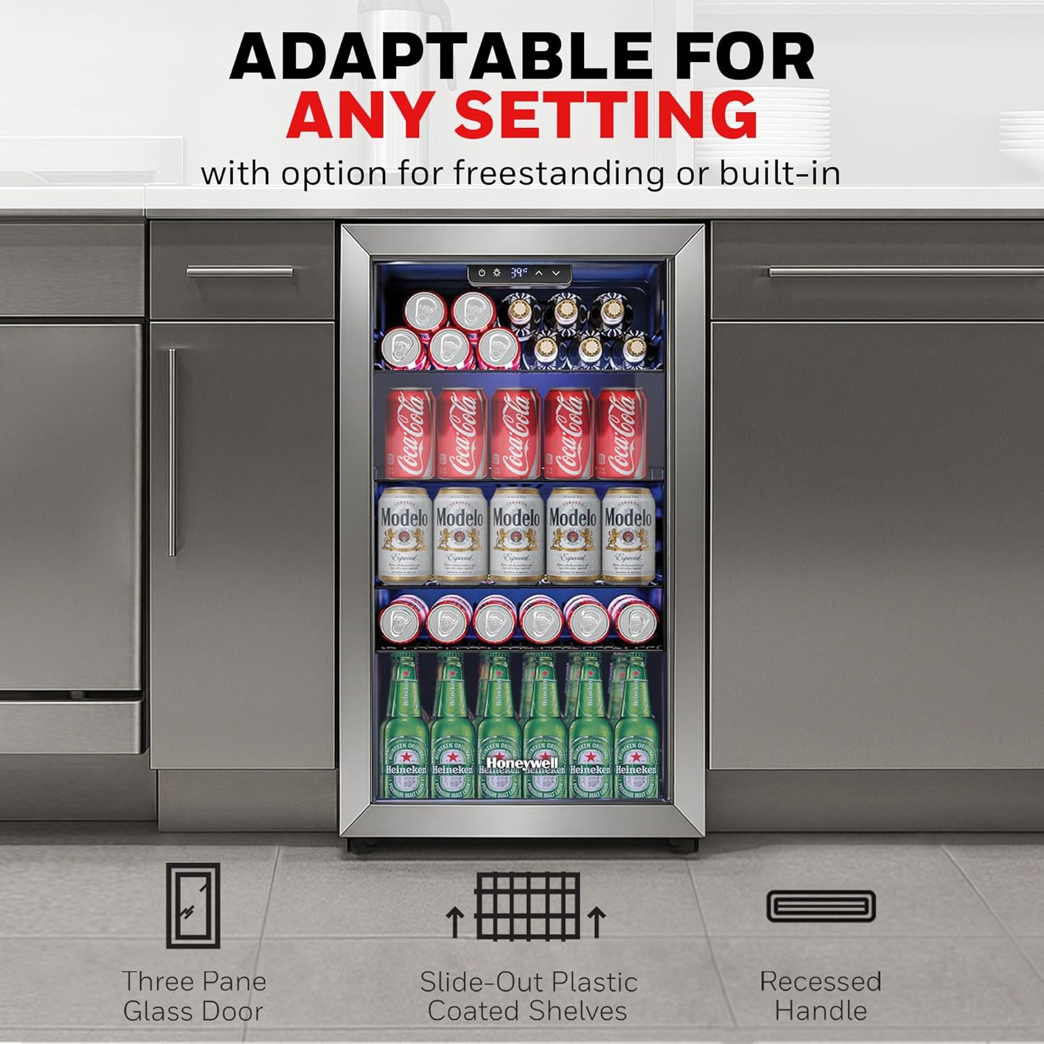 Honeywell Beverage Refrigerator and Cooler, 116 Can Mini Fridge with Glass Door for Soda Beer or Wine for Office or Bar with Adjustable Removable Shelving, Commercial Grade - Image 2