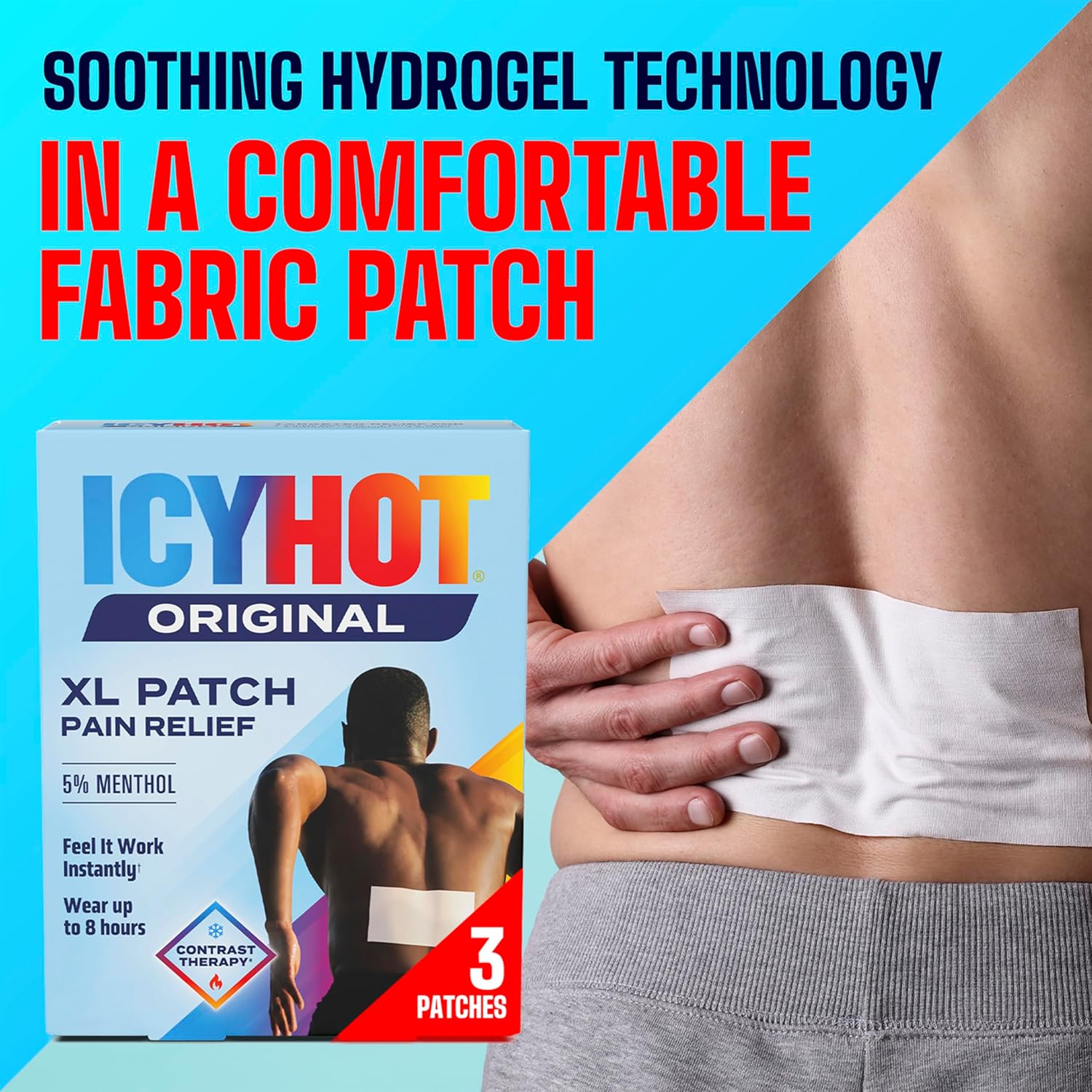 Icy Hot Original Pain Relief Patch, XL Size Comfortable Fabric Patches with Menthol 5%, Ice and Heat Contrast Therapy for Large Areas Including Backaches, Joints, Muscle Strains and Arthritis, 3 ct. - Image 9