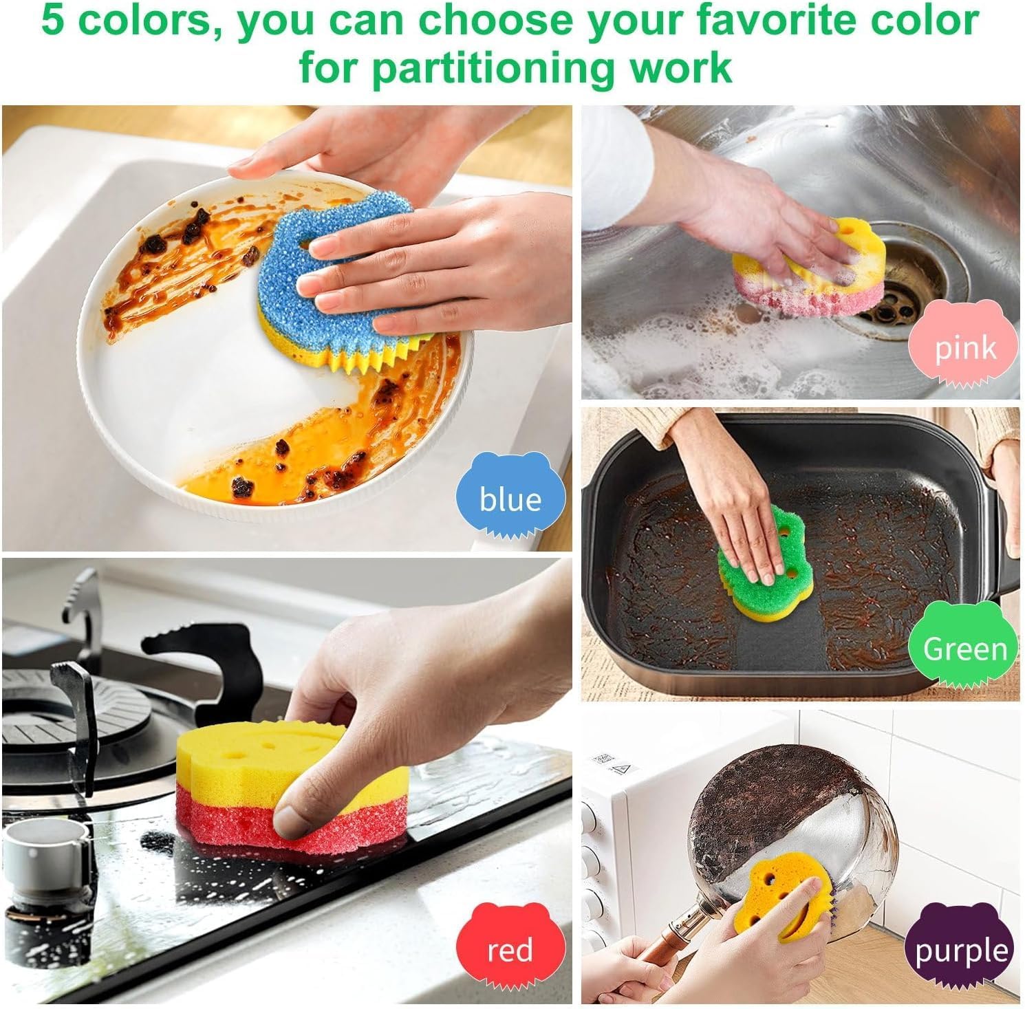 5 Pack Frog Dual-Sided Multi-Functional Scrub Sponge, Dual-Sided Temperature Controlled Kitchen Sponge for Dishes,Furniture,Scrub Sponges Household Cleaning Pads Bathroom Wall Cleaner - Image 6