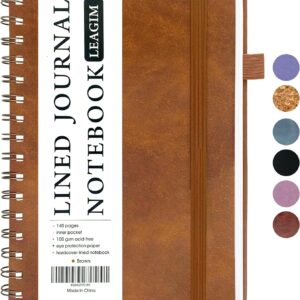 LEAGIM Lined Spiral Journal Notebook for Women & Men, College Ruled Hardcover Notebook for Work & Note Taking, Journals for Writing, 100 GSM, Business, School, 140 Pages, A5(5.8″x8.5″) – Brown