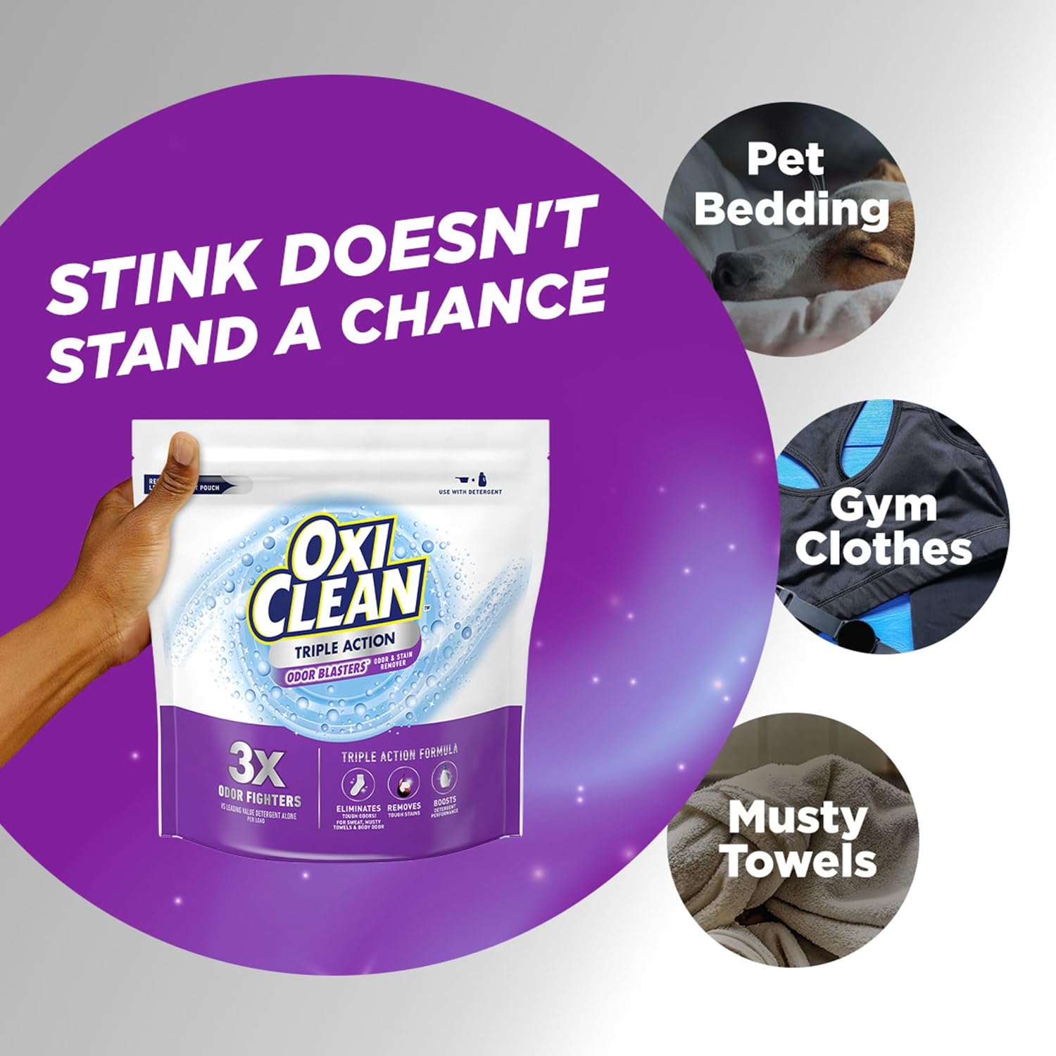 OxiClean Triple Action Odor and Stain Remover Powder, Use with Detergent, Eliminates Tough Odors and Removes Stains, Color Safe and Chlorine Free, 4 lbs - Image 6