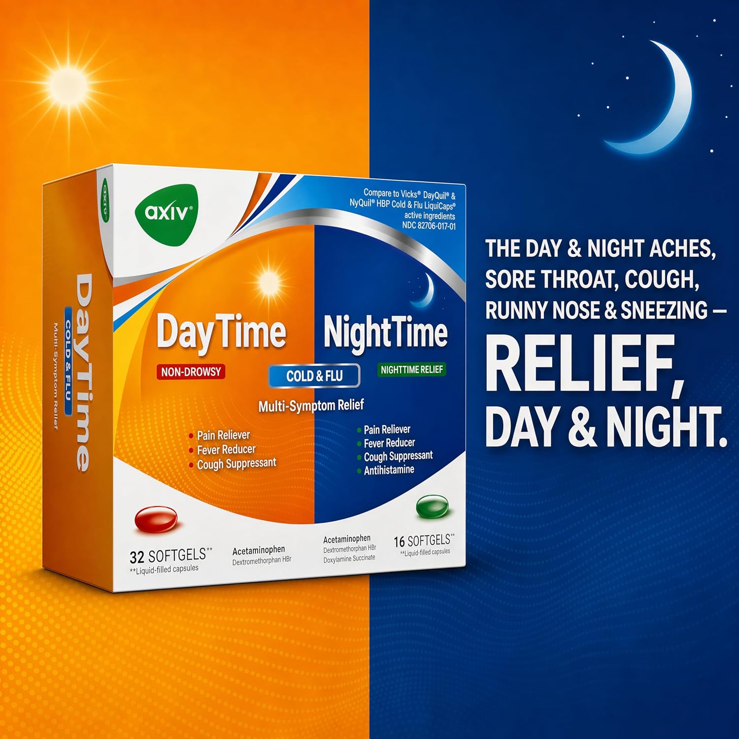 AXIV Day & Night Cold & Flu Medicine Combo Pack Softgels, Daytime & Nighttime Relief for Headache, Fever, Sore Throat, Minor Aches & Pains, & Cough, 48 Softgels - Image 8