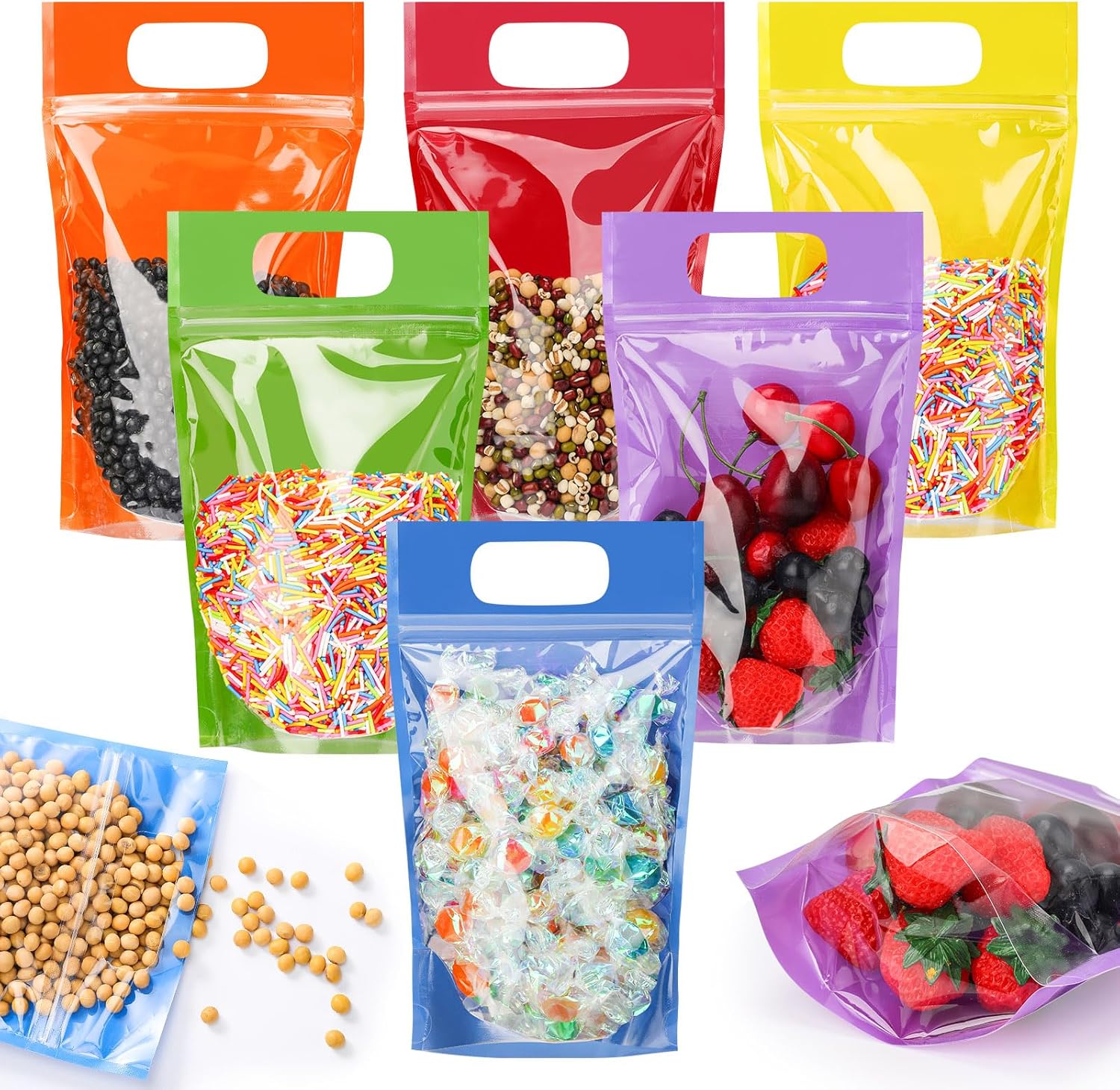 Sinload 120 Pcs Plastic Gift Bag Bulk Resealable Party Goodie Bag with Clear Window Color Favor Pouch with Handle for Home Birthday Wedding Party Candy Gift Wrap Supplies (Clear,4.7 x 7.9 Inch) - Image 2