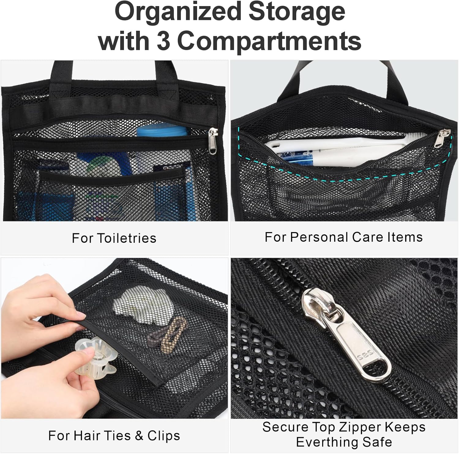 F-color Mesh Shower Caddy Portable Hanging - 3 Pockets Small Shower Bag Tote with Zipper Closure for Camping, Gym Lockers, Travel, Toiletry, Quick Dry Bathroom Essentials with S Hook, Black - Image 5