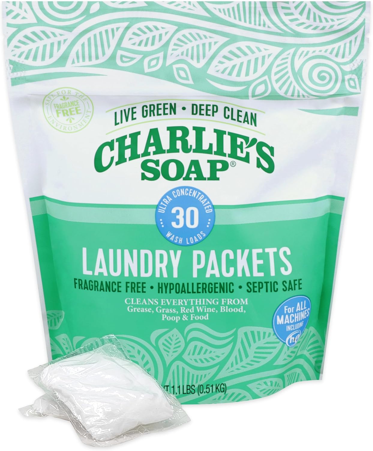 Charlie’s Soap – Fragrance Free Powdered Laundry Detergent Packets – 30 Pods (1 Pack)… - Image 2