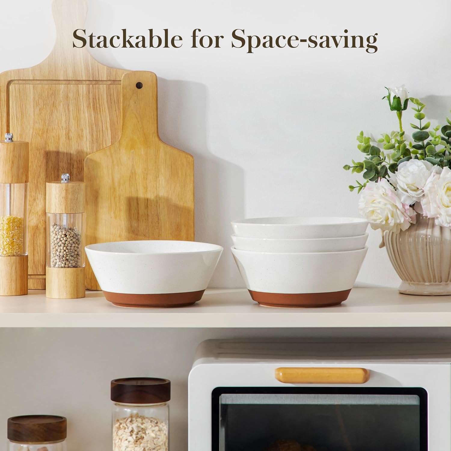 MALACASA Soup Bowls, Ceramic Salad Bowls Set of 4, 36oz Ceramic Bowls for Ramen, Cereal, Fruit and Pho, Microwave & Dishwasher Safe, Speckled Deep Bowls, Vanilla White & Brown - Image 8