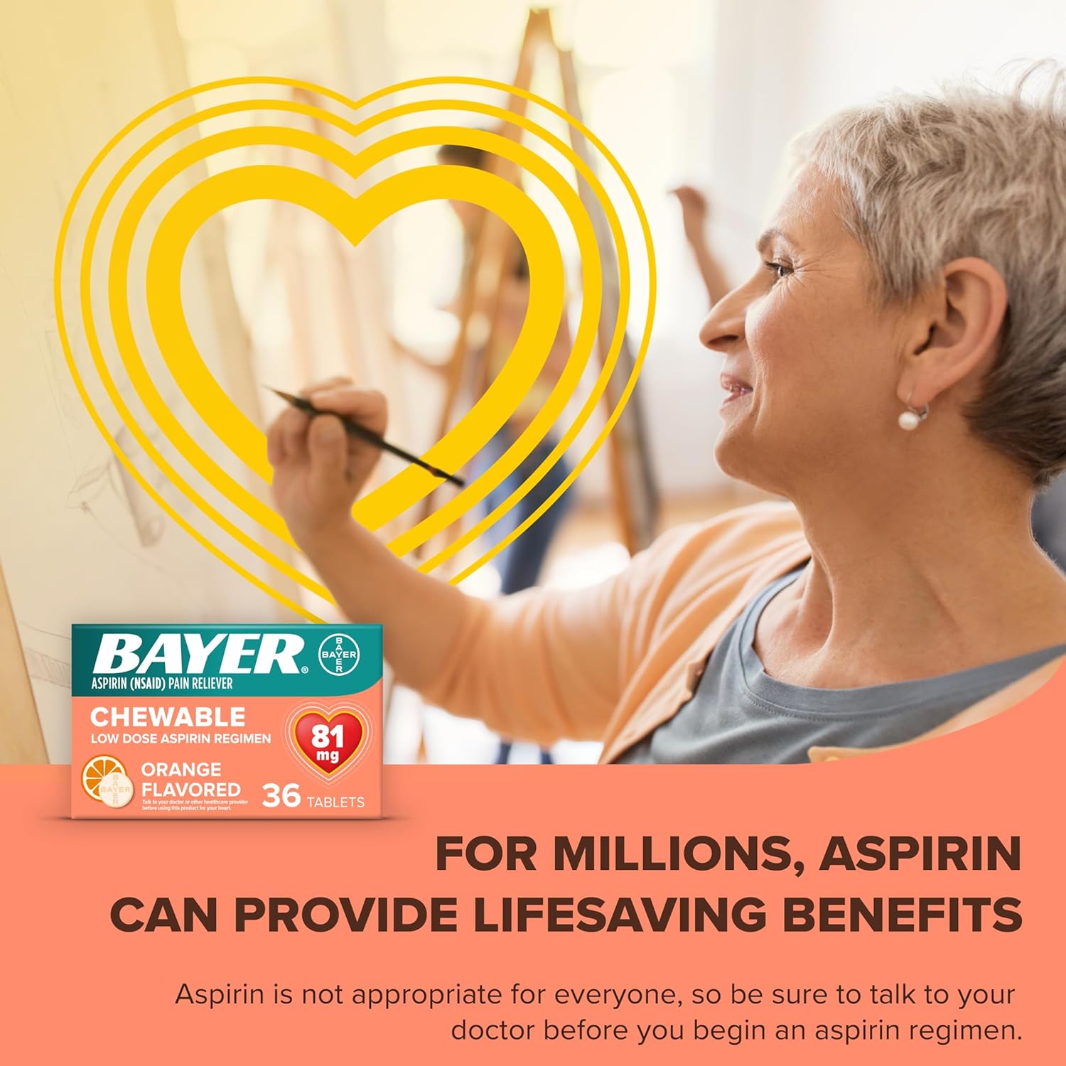 Bayer Aspirin Low Dose 81 mg Chewable Tablets, Pain Reliever, Orange Flavored, 216 Tablets (6 Pack) - Image 7