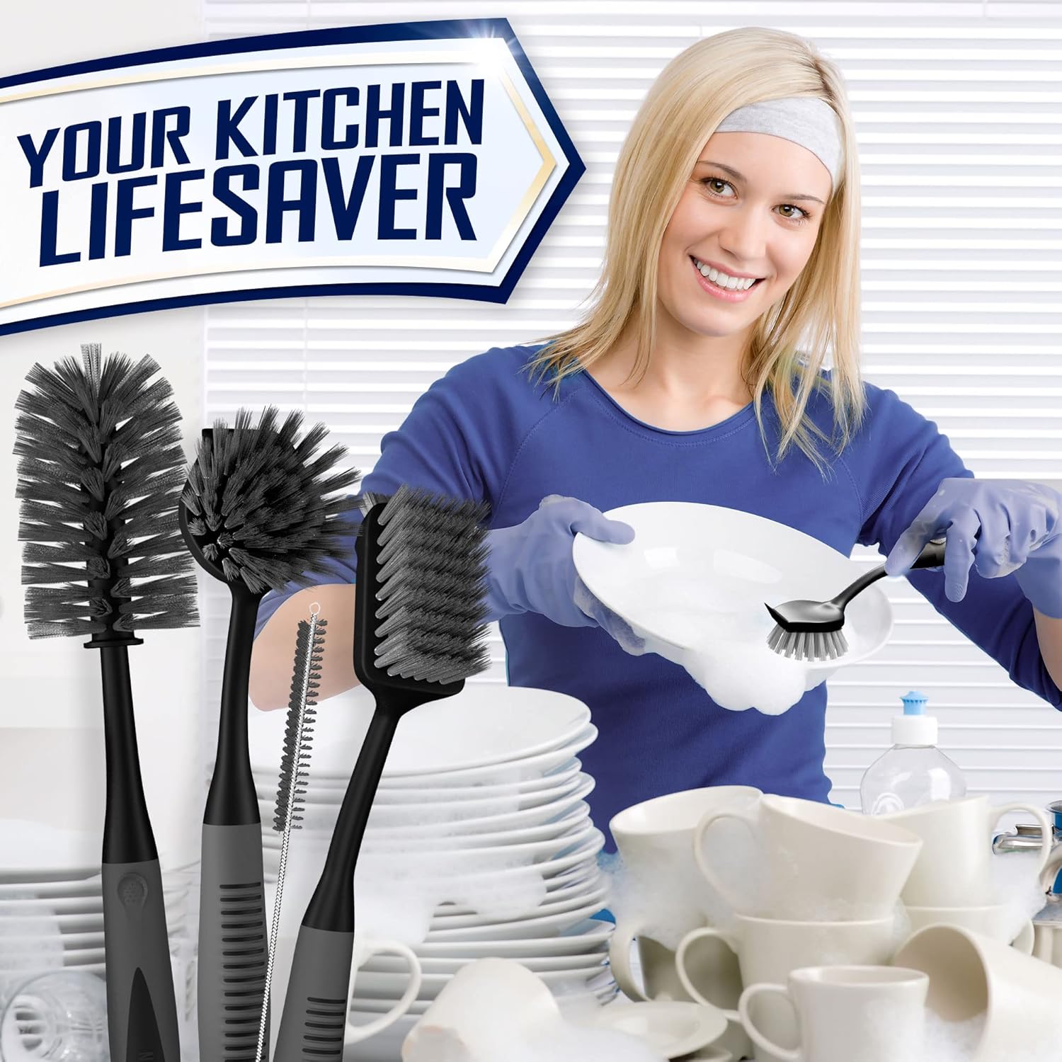 Dish Brush Set of 4 - Kitchen Scrub Brushes with Non-Slip Long Handle for Cleaning, Scrubber, Dishwashing, Dishes, Bottles, Straws, Cups, Pots & Sink, Black - Image 8