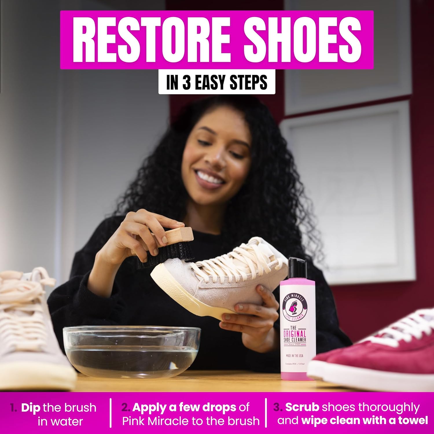Pink Miracle Shoe Cleaner Kit with Bottle and Brush For Fabric Cleaner For Leather, Whites, Suede and Nubuck Sneakers - Image 6