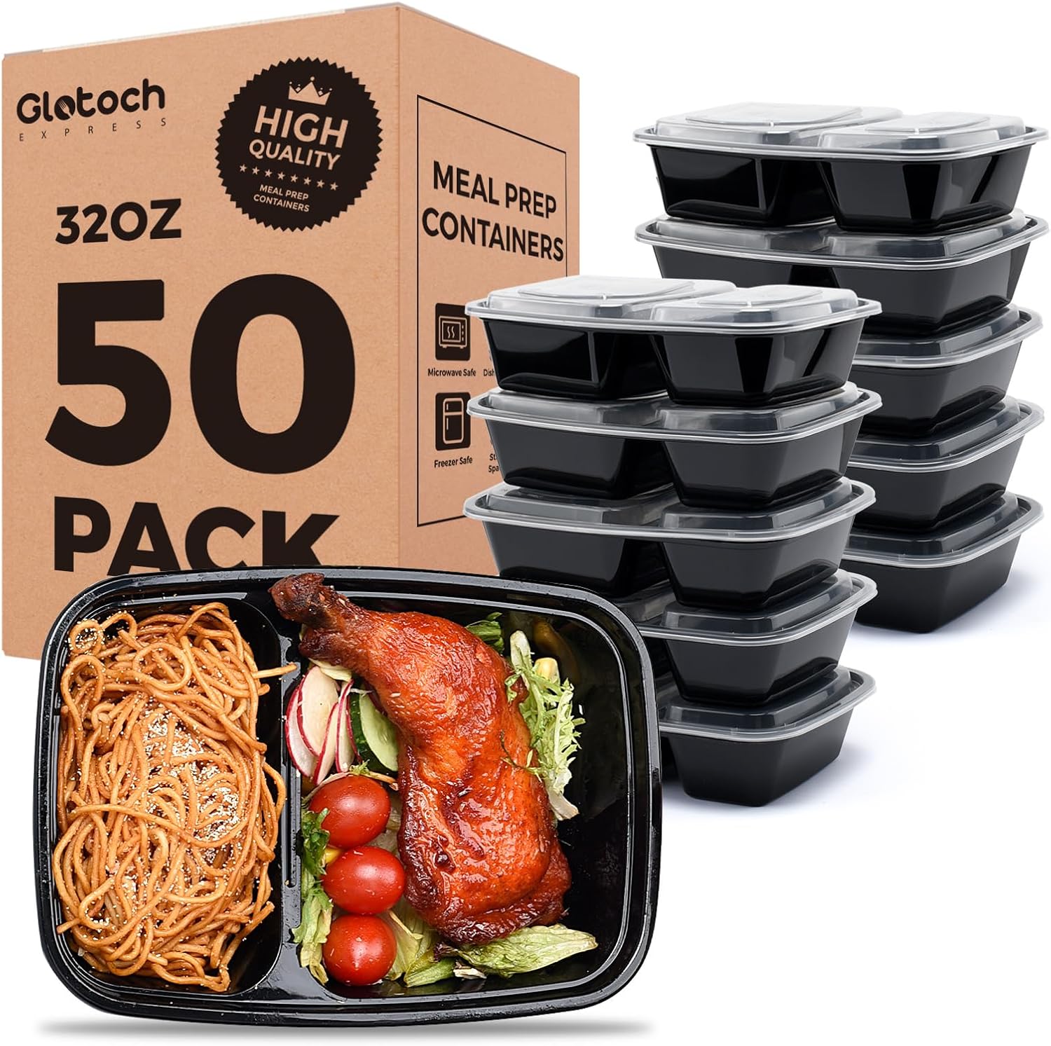 50 Pack (100-Piece) 32 oz Sturdy Leakproof 2-Compartment Meal Prep Containers with Lids, Plastic Food Storage Containers for Lunch, Microwave, Freezer, and Dishwasher Safe Takeout Containers - Image 2