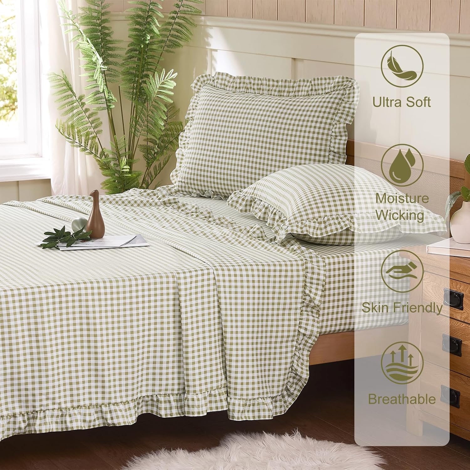 Gingham Queen Sheet Set, Lightweight Super Soft Brushed Microfiber Plaid Bed Sheets with 16" Deep Pocket, 4 Piece Ruffle Farmhouse Bedroom Decor, Sage Green - Image 4