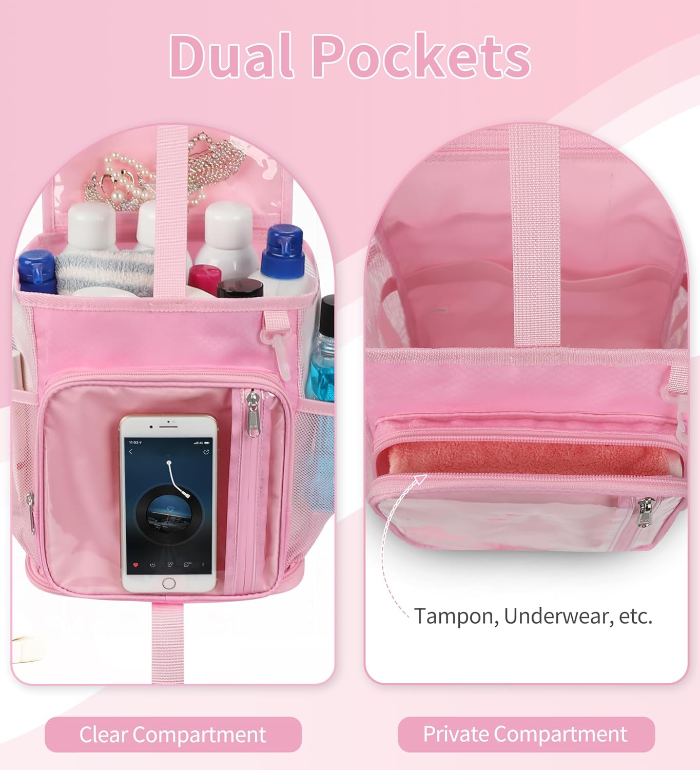 Ethereal Shower Caddy Portable, Mesh Shower Caddy Bag for College Dorm Room Essentials, Hanging Shower Bag for Gym, Camping, Beach(Pink) - Image 6