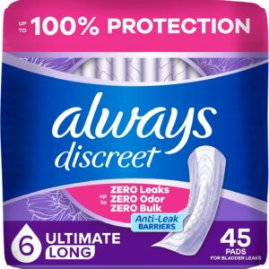 Always Discreet Adult Incontinence Pads for Women, Drier, 6 Drop Long Length, Extra Heavy Absorbency, Pads for Bladder Control Management, Bladder Leaks, & Postpartum Pads, 45ct
