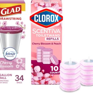 Clorox Scentiva ToiletWand Refills, 10count and Glad Small Trash Bags, 34 count, Cherry Blossom, Bathroom Cleaning Bundle