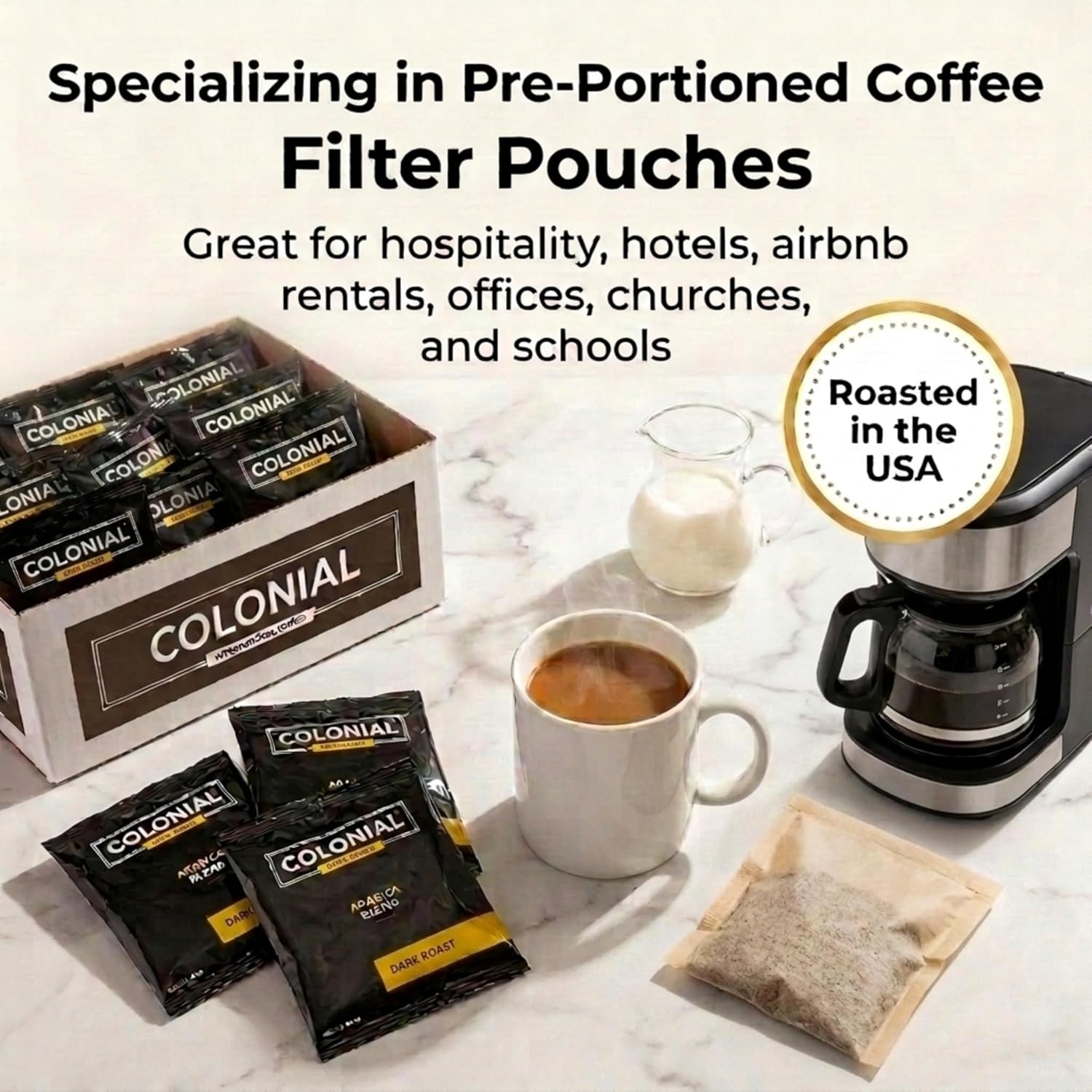 Colonial Coffee Roasters In-Room Hotel Ground Coffee Filter Portion Packs, Dark Roast, 0.50 Ounce (Pack of 50), Use with 4-Cup Drip Coffee Machine - Image 4