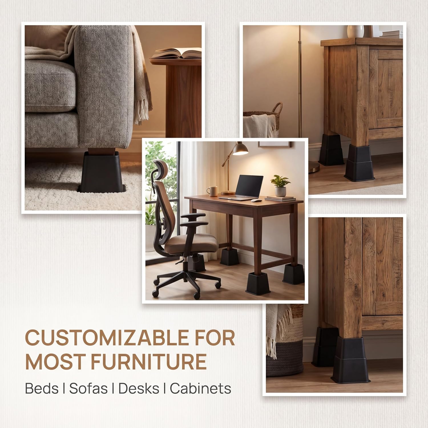 Bed Risers 8-Pack - Stackable Furniture Lifts for 3, 5 or 8 Inch Adjustable Height, 2200 Lbs Capacity Black Square Sofa and Desk Elevators for Under Bed Storage - Image 8