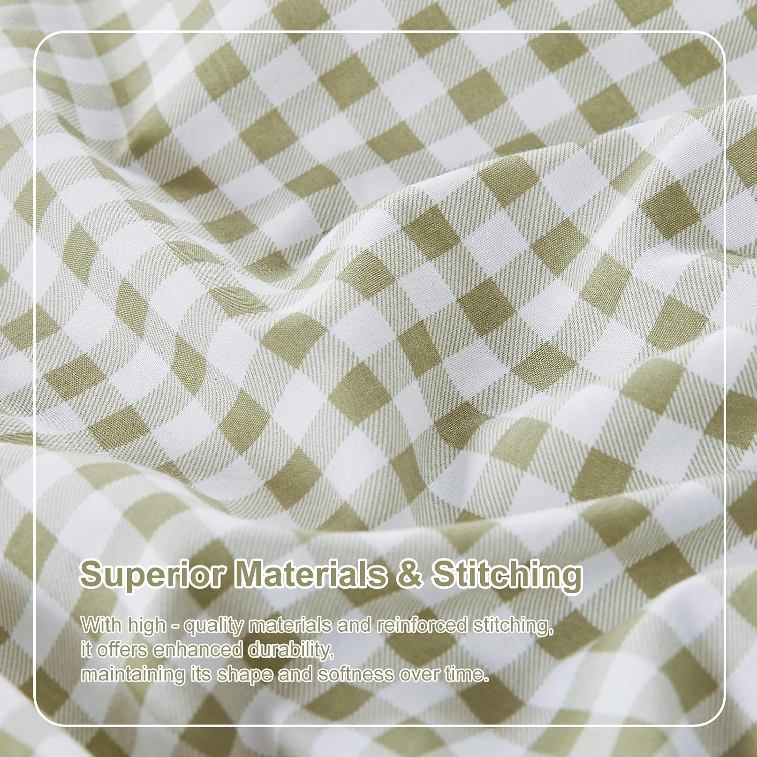 Gingham Queen Sheet Set, Lightweight Super Soft Brushed Microfiber Plaid Bed Sheets with 16" Deep Pocket, 4 Piece Ruffle Farmhouse Bedroom Decor, Sage Green - Image 6