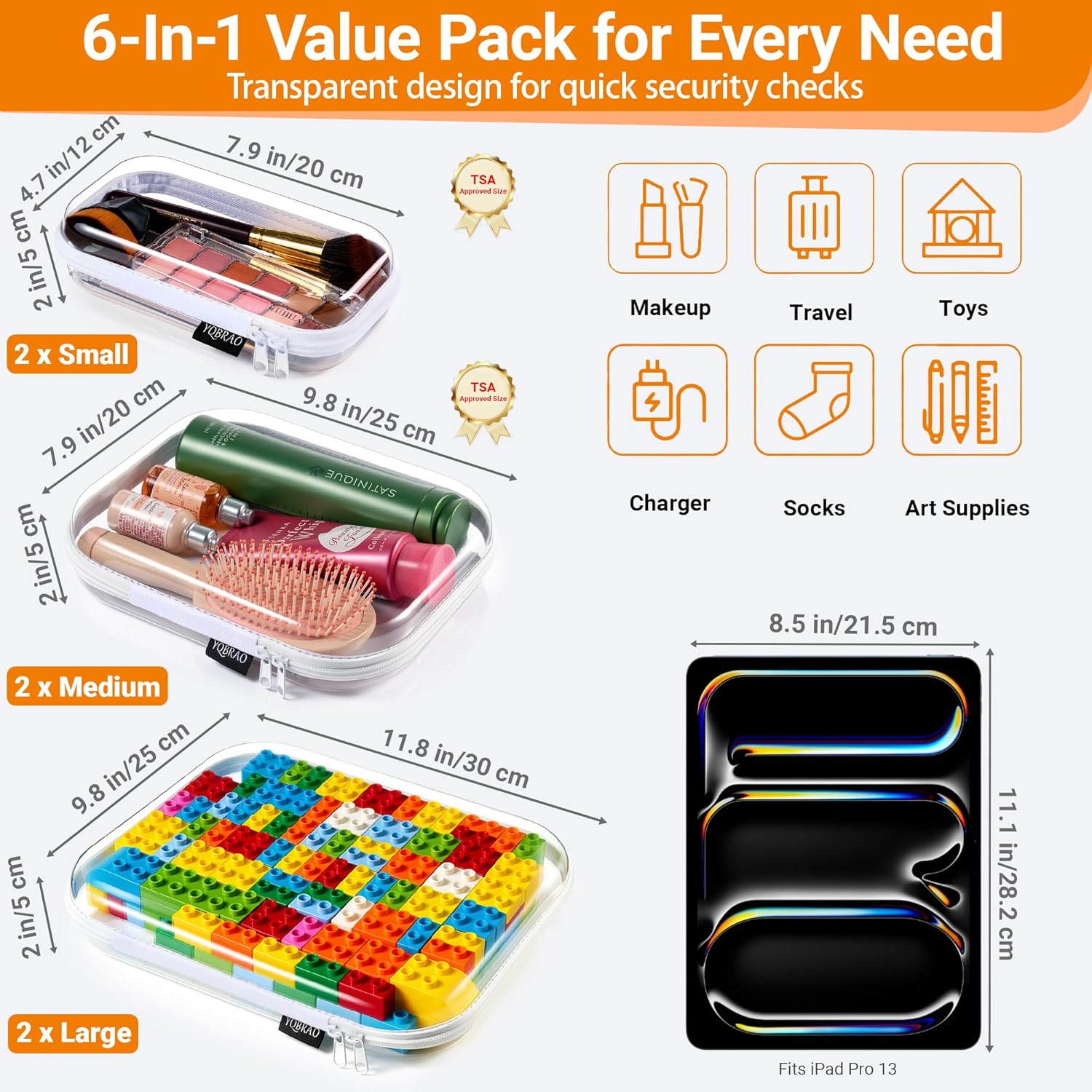 YQBRAO 6 Pack Clear Hard Shell Zipper Case, 1.2mm Heavy Duty Crush-Proof Diaper Bag Organizer Pouches, TSA Approved Travel Makeup Bag for Toiletries & Electronics, (2L, 2M, 2S) Multi-Size Storage Set - Image 5