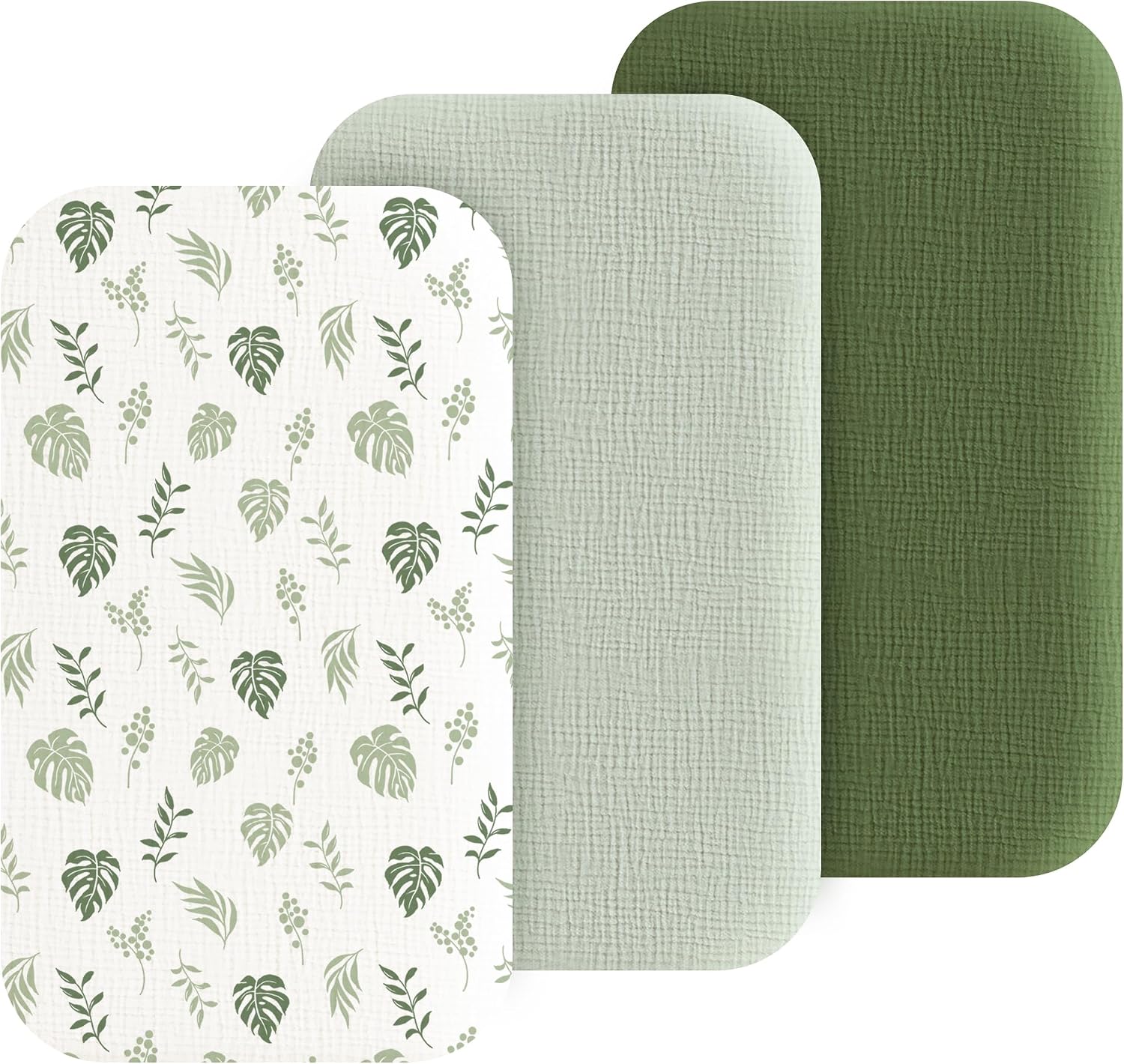 Muslin Bedside Sleeper Bassinet Fitted Sheets, 3 Pack Cotton Baby Sheet for Boys & Girls, Soft, Compatible with Baby Delight, Dream On Me, AMKE and Other Rectangle Mattress (Leaf Green) - Image 2