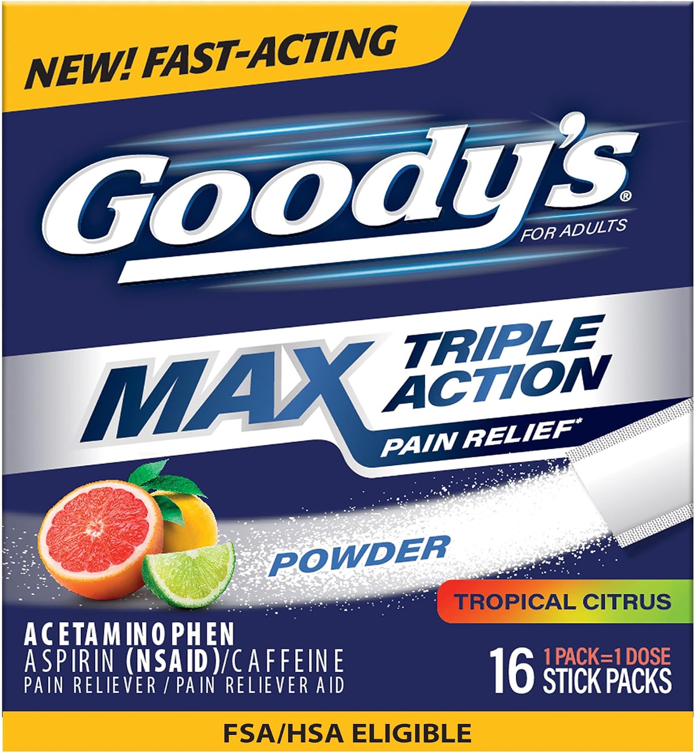 Goody’s Max Triple Action Pain Relief – Headache Relief Powder with Acetaminophen, Aspirin & Caffeine for Fast, Effective Relief of Tough Headaches, Tropical Citrus, 16 Count - Image 2