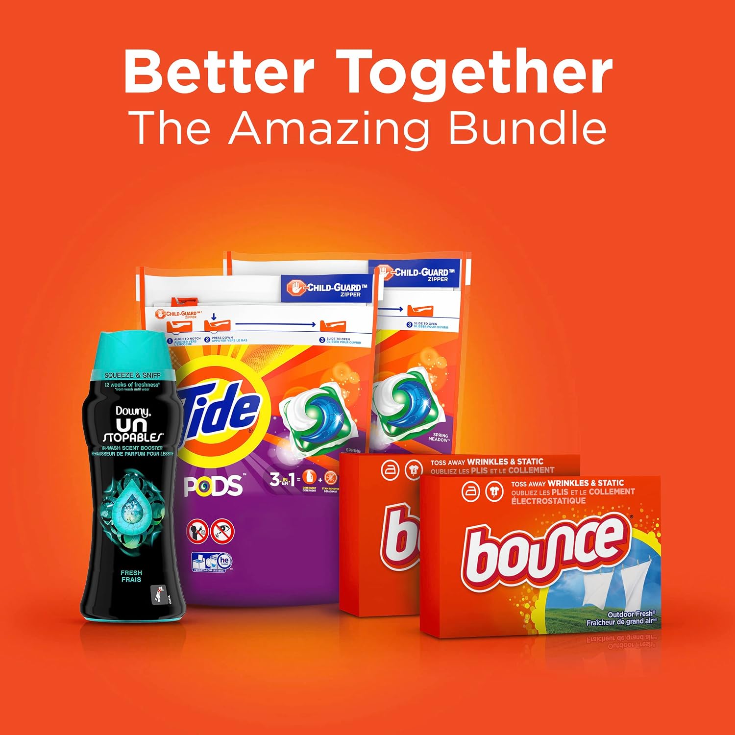 Tide Pods Liquid Laundry Detergent Pacs, Downy Unstopable Scent Beads and Bounce Dryer Sheets, Better Together Bundle - Image 3